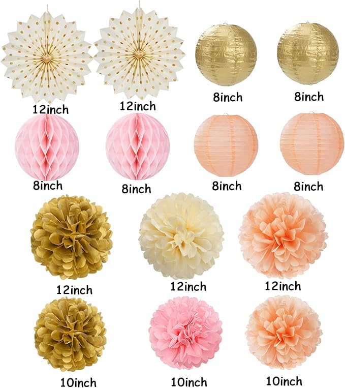 Pink Peach Gold Party Decorations - 14pcs Bridal Baby Shower Girls Birthday Paper Lanterns Fan,Tissue Pom Poms Streamers,Honeycomb Balls,Engagement Wedding Bachelorette Brunch Decor Lasting Surprise