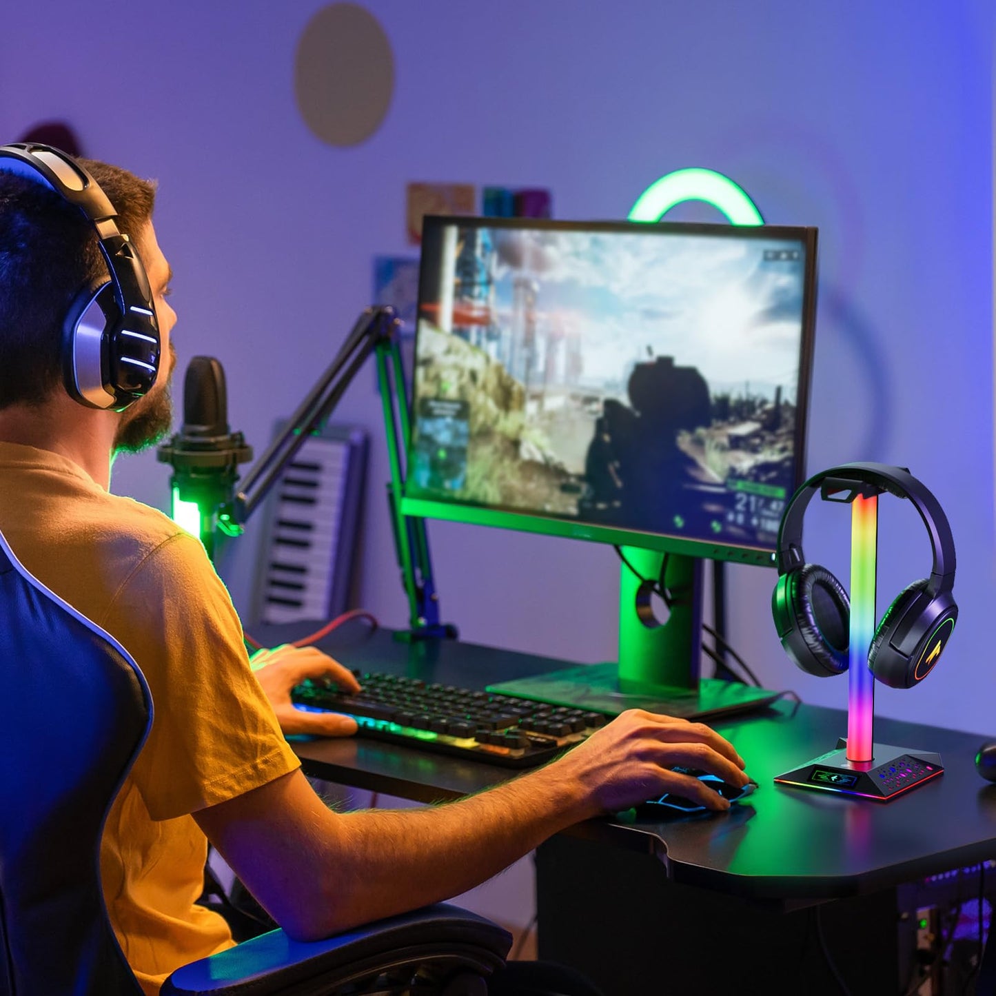 Xergur Gaming Headphone Stand PC Accessories - RGB Headset Stand with 2 USB Charger, Cool LED Headphone Holder PC Gaming Accessories for Boys Men Gamers, Computer Game Hardware for Desk