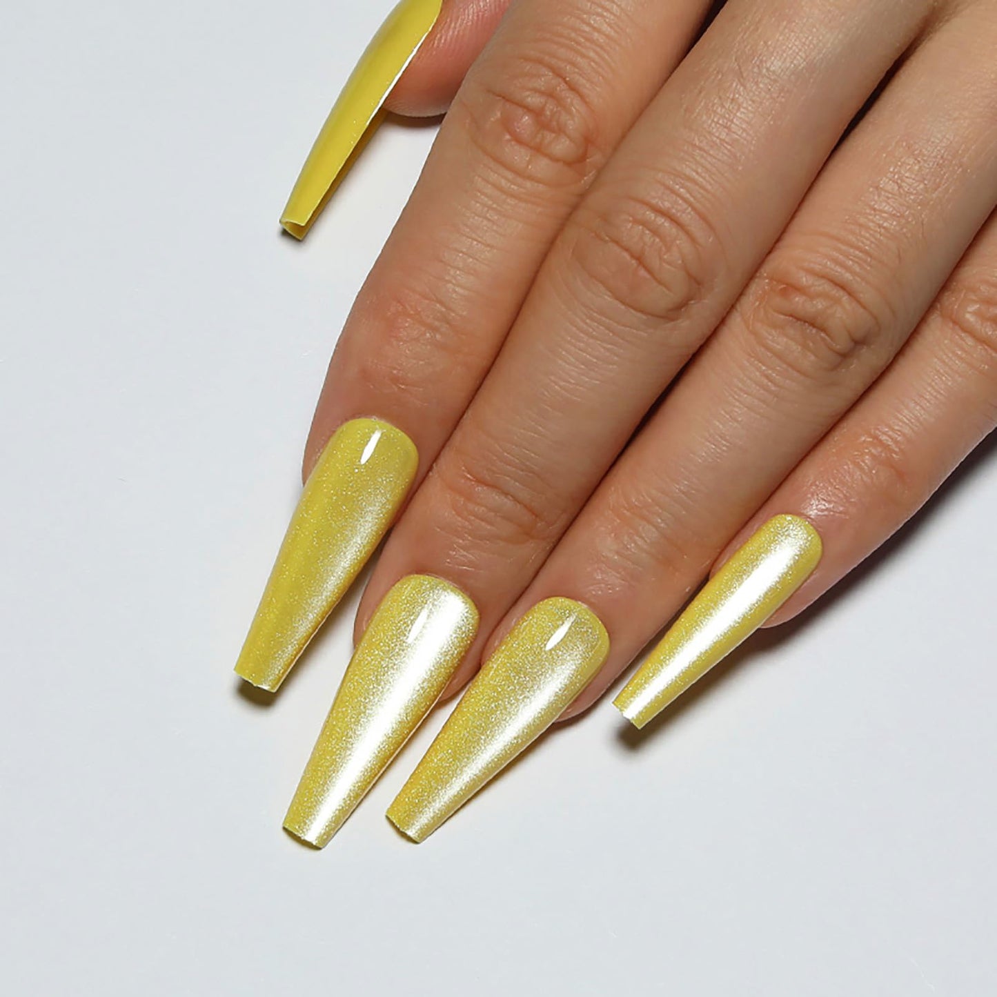 Handmade Press on Nails - Lemon Yellow Fake Nails | Velvet Effect Design Summer Nails | Glossy,Glitter,Gradient Color,Reusable Long Acrylic Nails | 12 Sizes - 24 Nail Kit with Jelly Glue
