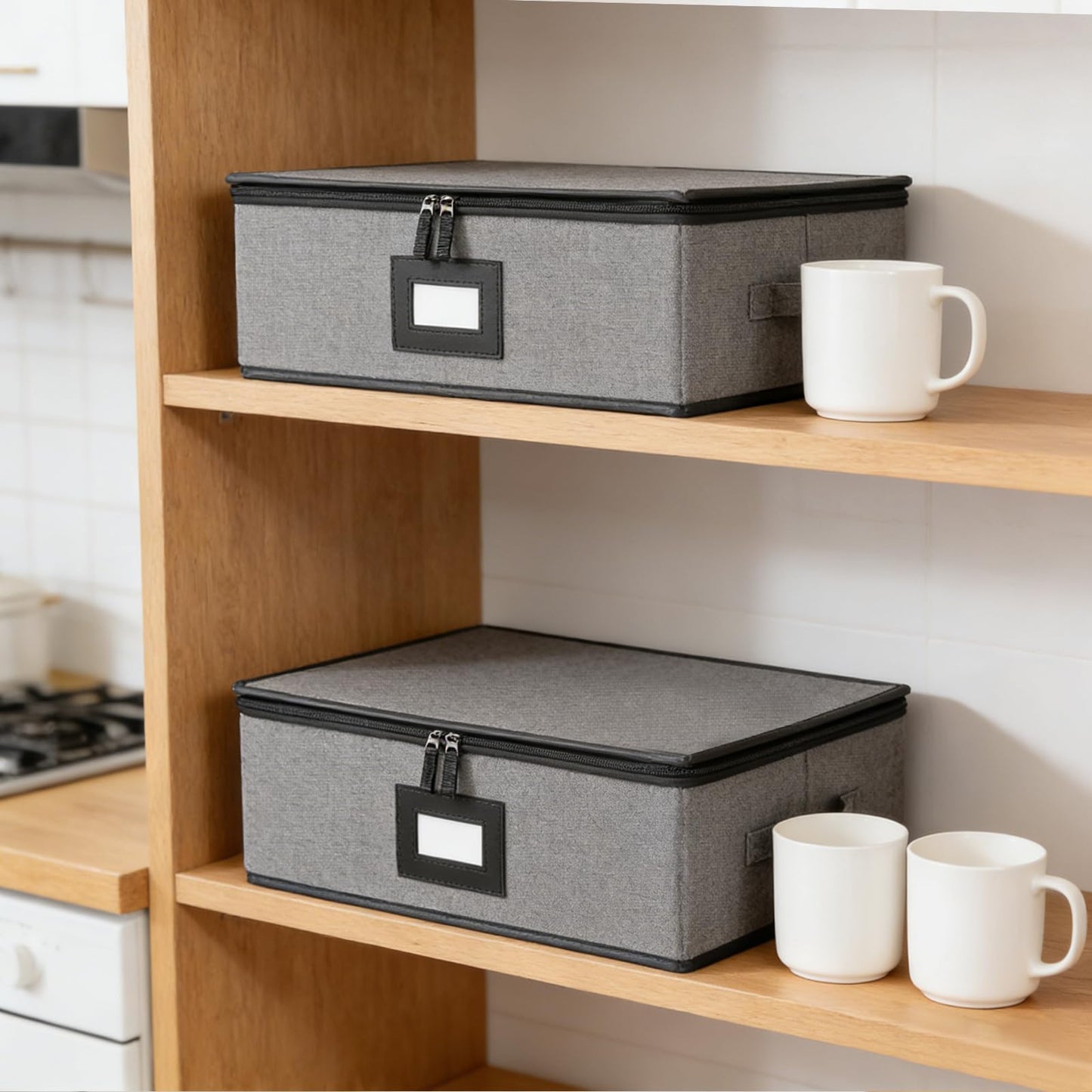 TMWANLT Mug Storage Box 2 Pack, Holds 24 Coffee Cup Stackable Holder Organizer Container with Dividers Lid Handle for Cabinet Dustproof Moving, Hard Shell, Packing Case Essentials for Organizing Gift