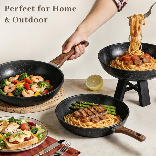 Colourcoco Frying Pans Skillet - 9 Pieces Nonstick Frying Pan Set Includes 3 Sizes (8"/ 10"/ 12"), PFOA Free, Induction & Oven Safe, Easy to Clean for Home Daily Cooking