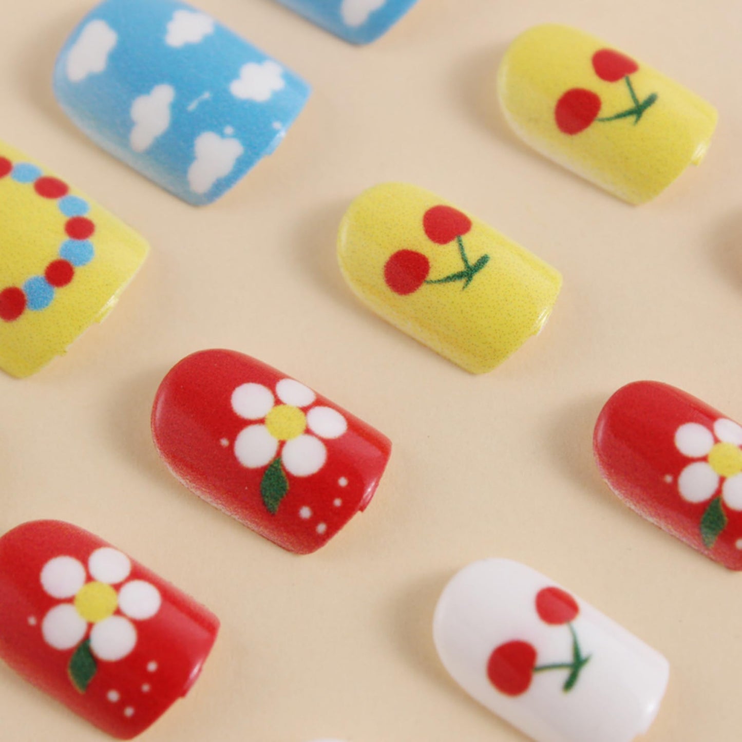 Short Press on Nails Almond Fake Nails Red Artificial Nail Multicolor Spring Cute Stick on Nail for Women 24pcs