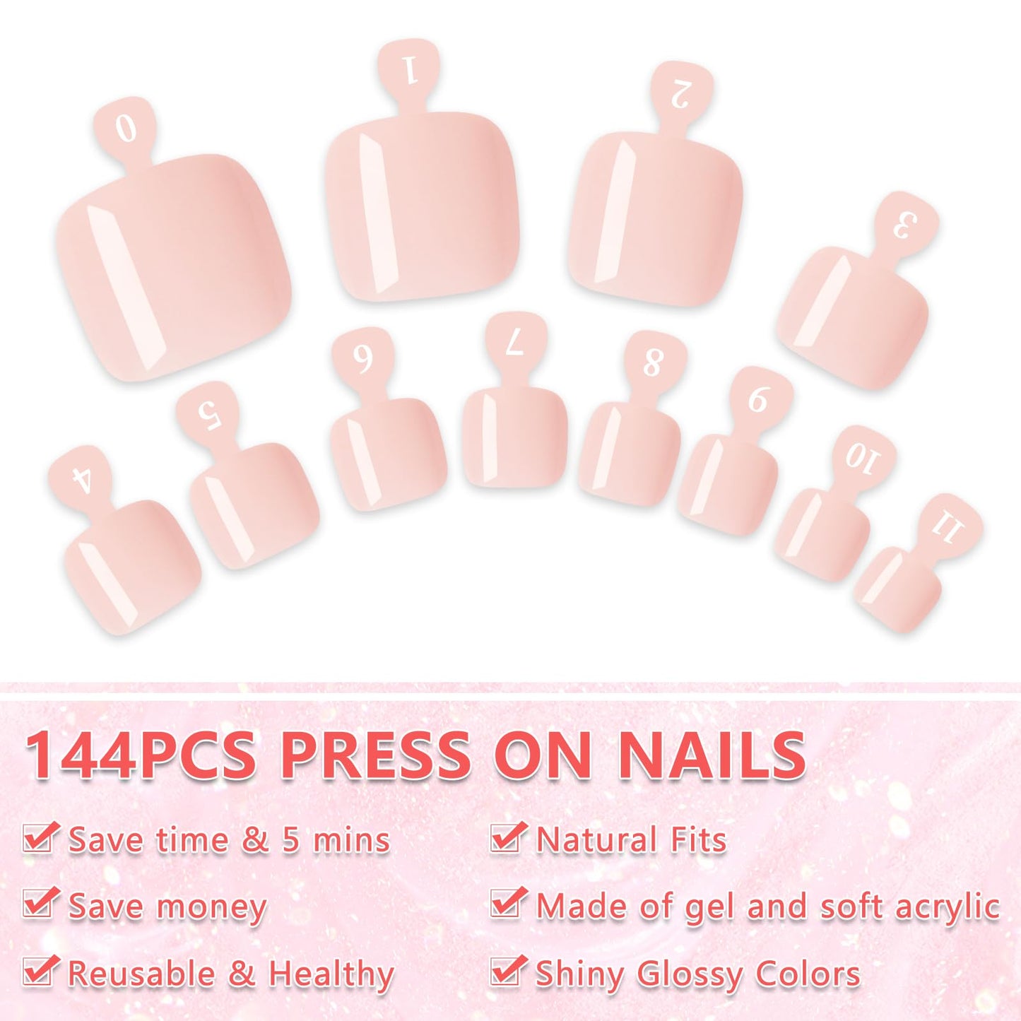 EternalClassic 144pc Press on Toenails for Women Toe Nail Press ons Short Square with Glue&Jelly Glue, Nude Fake Toe Nails Glue on Toe Nails, Full Cover Acrylic Artificial Toe Press on Nails