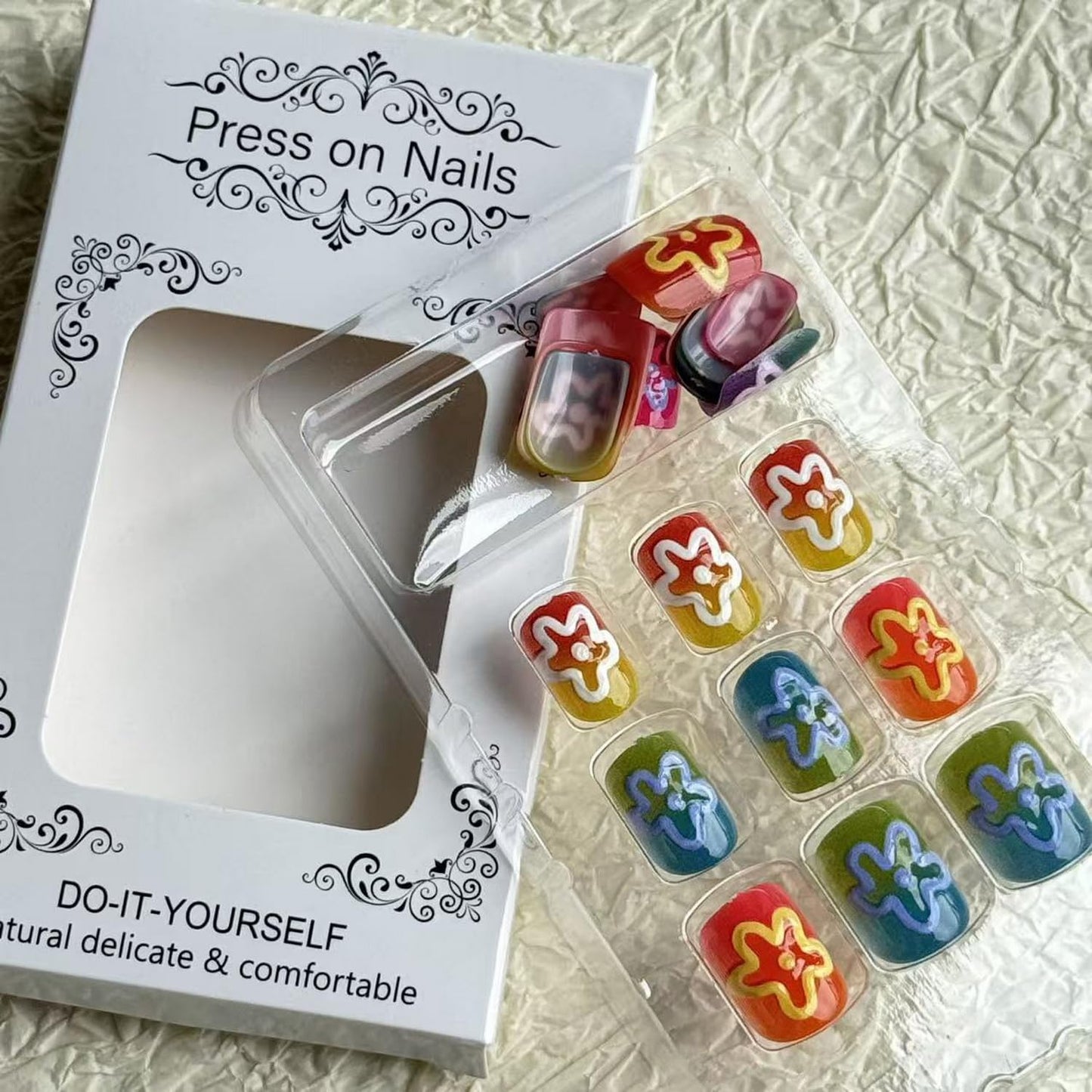 24pcs Short Square Press on Nail Summer Fake Nails Colorful with 3D Flower designs Stick on Nail Full Cover Cute False Nails Reusable Gradient Pride Press ones Glue on Nails for Women Beach