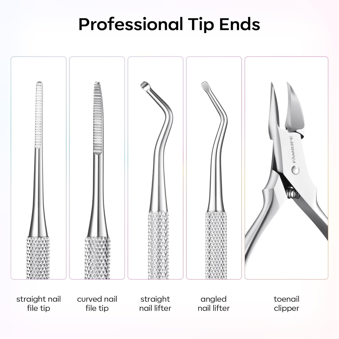 FAMILIFE Stainless Steel Pedicure Kit with Ingrown Nail Lifters, Precision File & Clipper, Multi-Use Cuticle Nippers and Trimmer for Home Foot Grooming and Correction