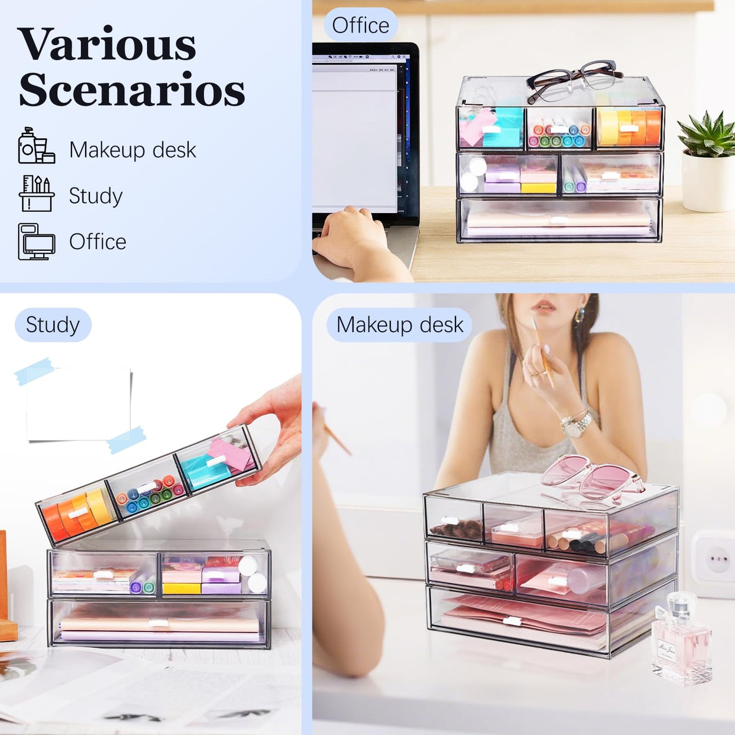 3 Tier Stackable Desk Organizer with 6 Drawers, YOCOMEY Plastic Desktop Storage Box Drawers, Detachable Makeup Storage Office Stationery Supplies Organizer for Office School (All Clear)