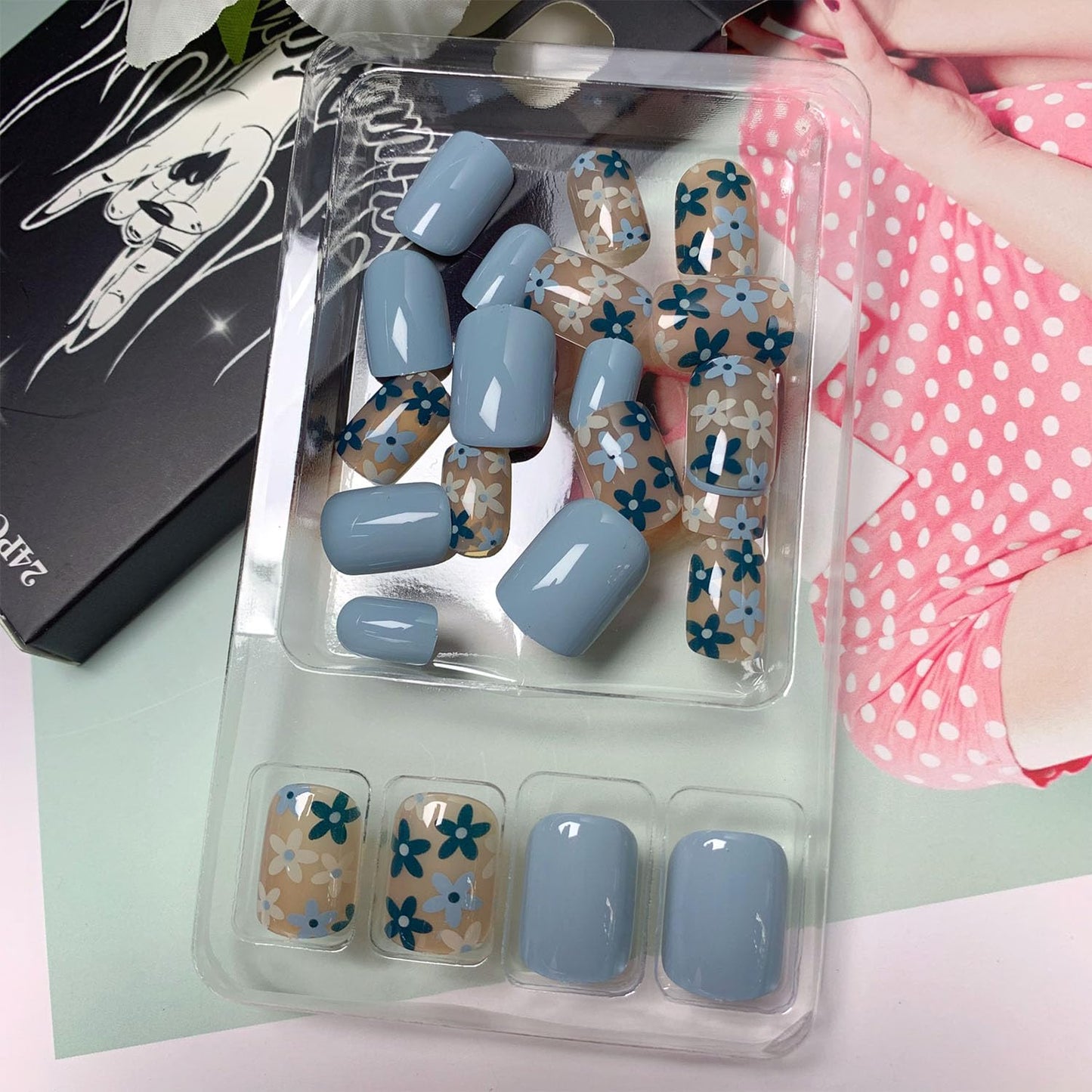 Blue Press on Nails Short Glue on Nails Flowers Fake Nails with Square Designs Cute Full Cover Nails Press ons Summer Artificial Sweet Stick on Nails for Women 24 Pcs