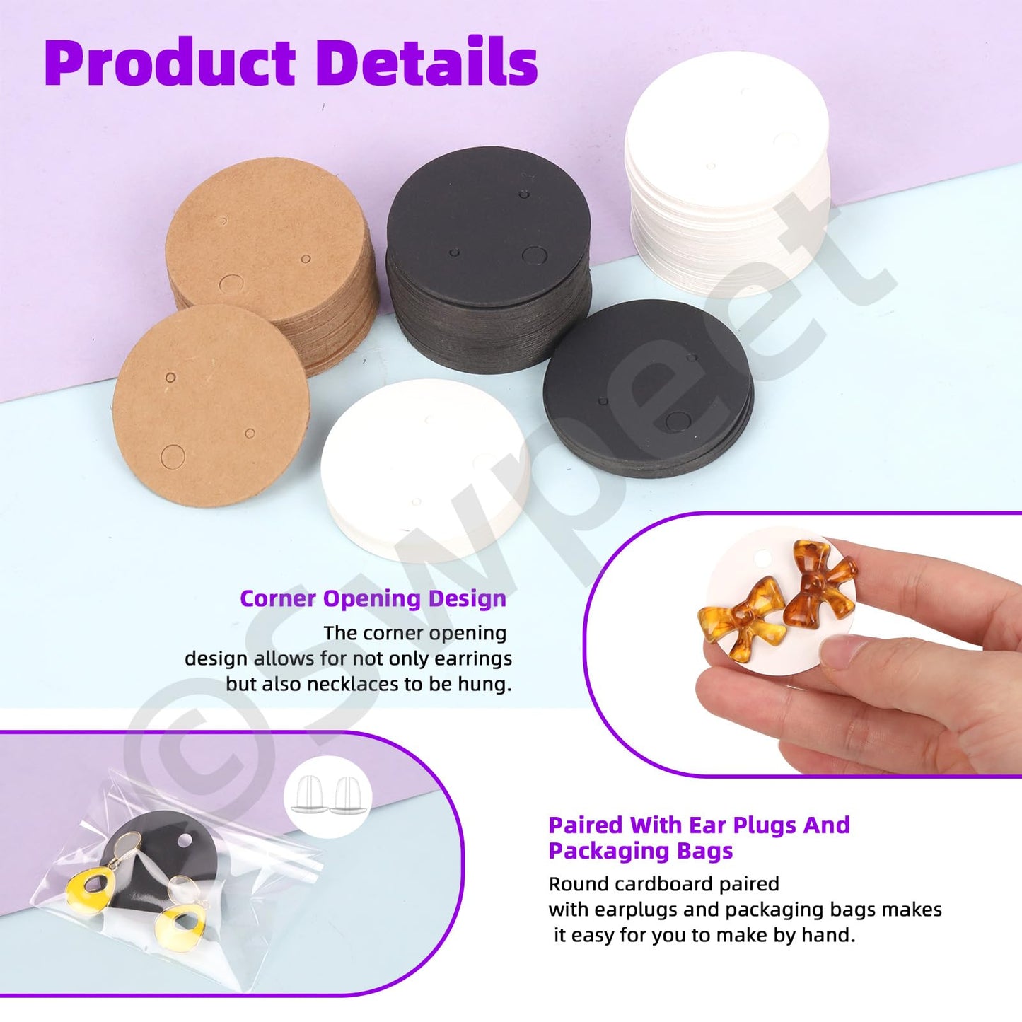 Swpeet 800Pcs 3 Colors Earring Display Cards Assorment Kit, 4CM-1.6 Inch Round Kraft Paper White Black Earring Holder Cards with Earring Backs and Self-Seal Bags for Ear Studs and Earrings Display