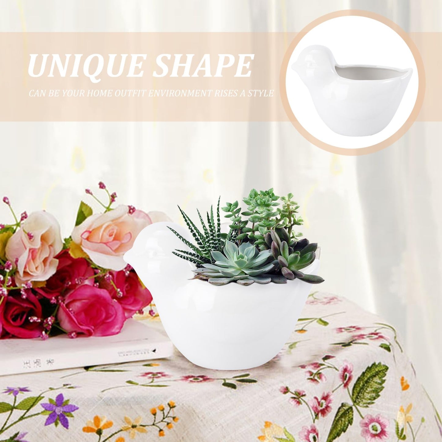 GOOHOCHY Ceramic Succulent Flowerpot Bird Planter Creative White Animal Design Large Plant Container for Garden Balcony Home Decor