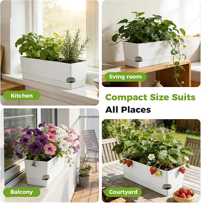 4 Pack Self Watering Pots for Indoor Plants 17 Inches Window Boxes Planters Rectangular Flower Pots Rectangle Herb Pots Large Plant Pots with Drainage Holes and Saucers Windowsill Planter, White
