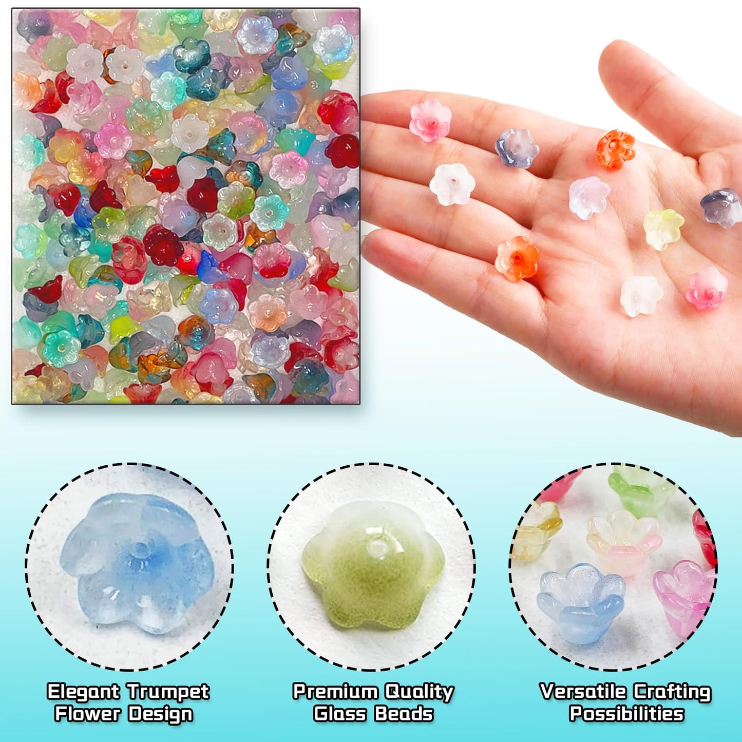 MaehSab 300 Pcs Glass Beads for Jewelry Making, Colorful Trumpet & Bell Flower Crystal Loose Beads, Bulk for DIY Projects