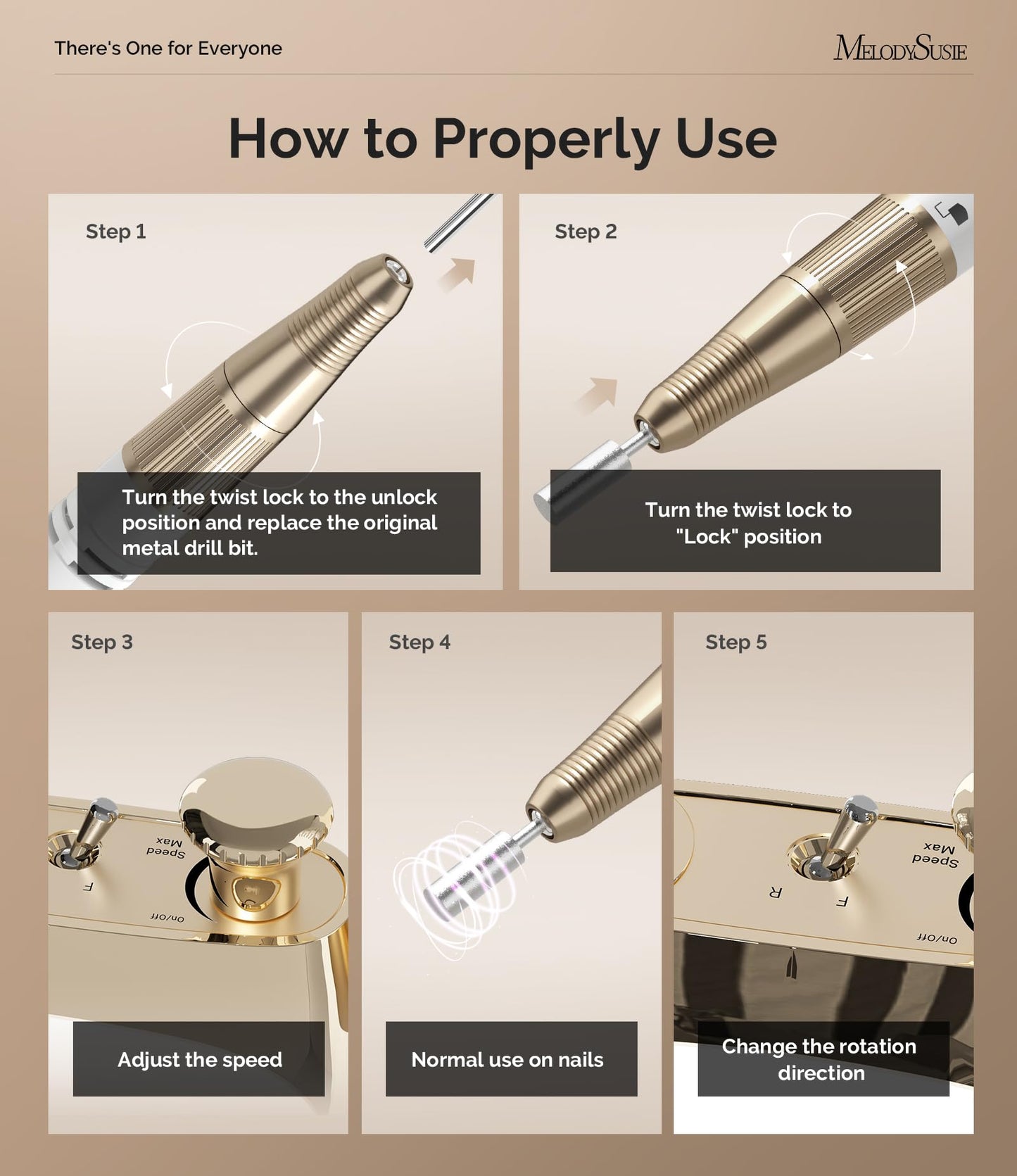 MelodySusie Entry-Level Clip-On Vintage-Style Nail Drill, SC320C 30000RPM Rechargeable E-File for All Manicure Shaping & Gel Removal, Perfect for Training, Nail Art Practice & Home Use