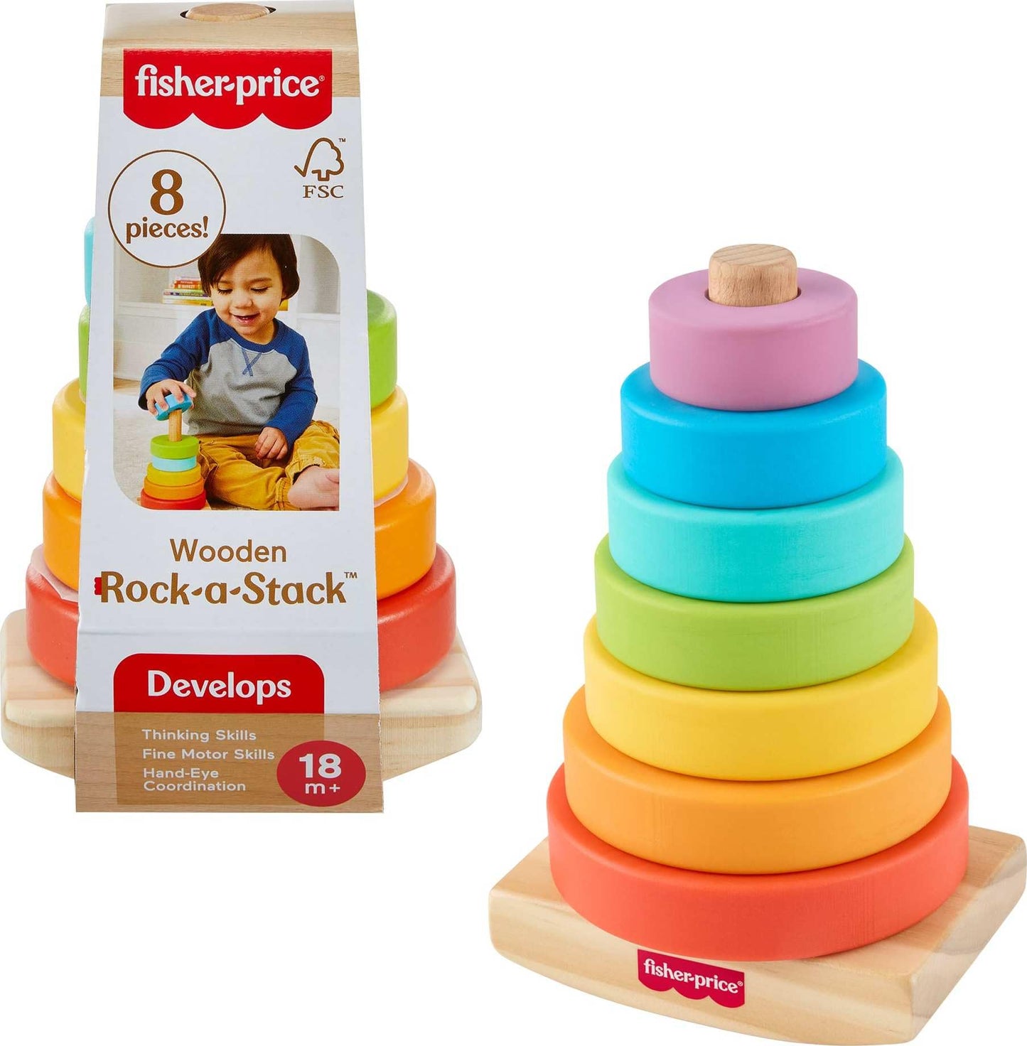 Fisher-Price Wood Toddler Toy Rock-a-Stack, 8-Piece Wooden Ring Stacking Activity for Fine Motor Skill Development Kids Ages 18+ Months
