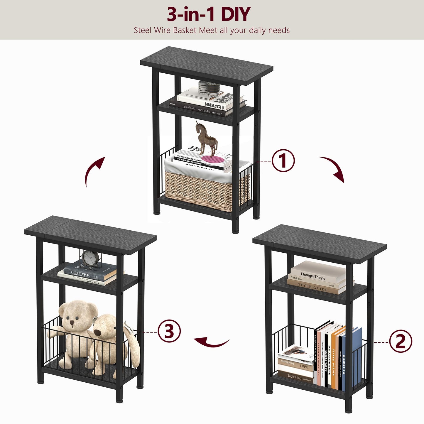 Heybly Small Narrow Side Table for Small Space, Thin Bedside Table with Storage Basket, Skinny End Table, 25.2" Tall Nightstand, Couch Table for Living Room, Bedroom, Study, Kitchen, Black, HET004BK1