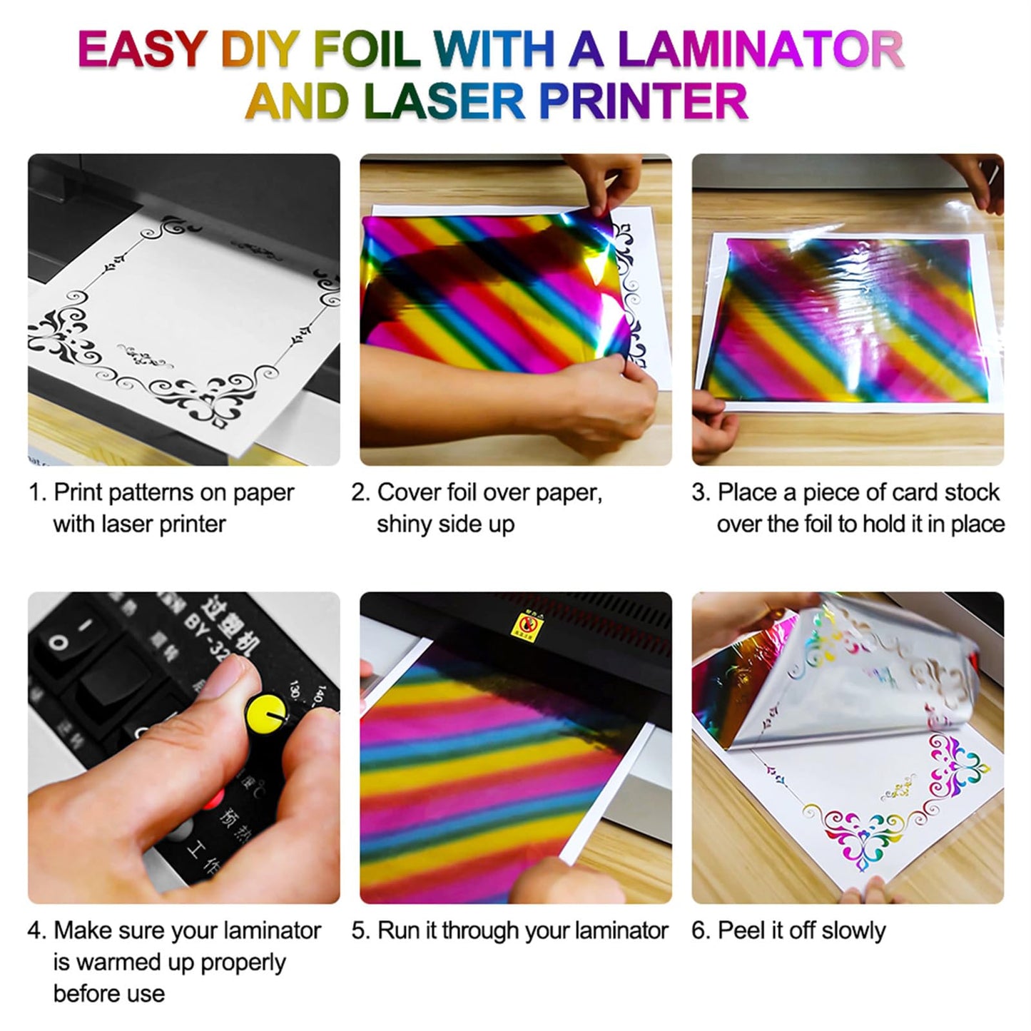 Briartw Toner Reactive Foil by Laser Printer and Laminator,6 Roll 16.4ft X 7.6inch Holographic Gold Transfer Foil Paper Bundle for DIY Craft Embossing Scrapbooking Cards Making