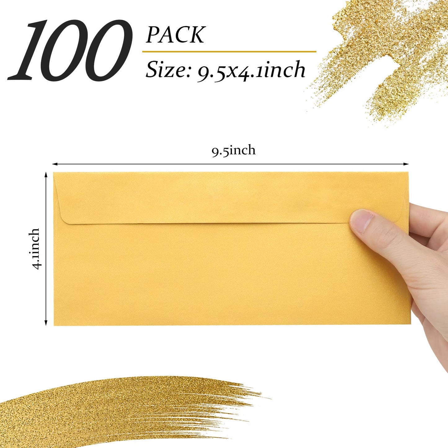 100 Pack Gold Metallic #10 Business Envelopes 4-1/8 x 9-1/2 in Square Flap Mailing Envelopes for Office, Business Letterhead, Invoices, Personal Mailing, Letters, Unique Invitations & Announcements