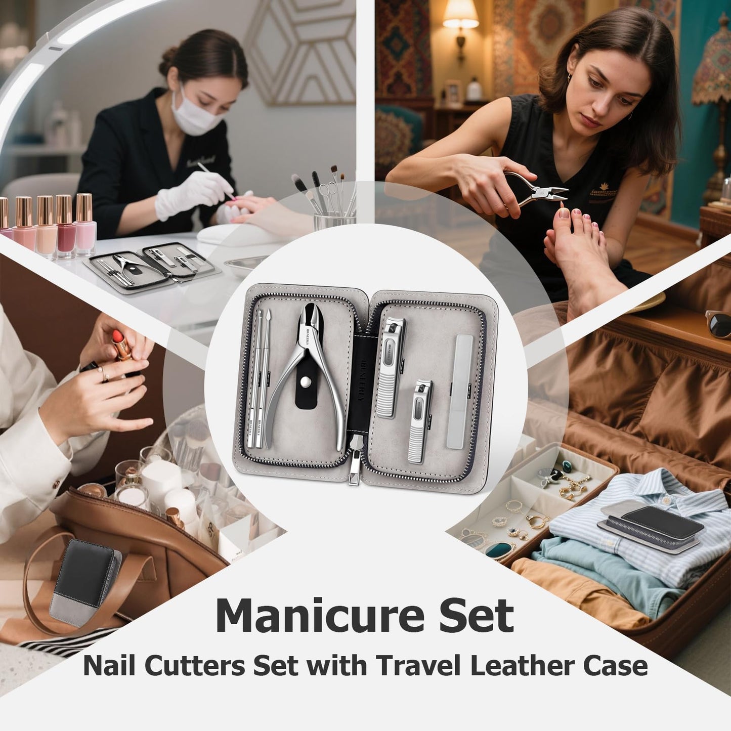 IBUNEERLY Manicure Set, Nail Cutters Set with Travel Leather Case, Professional Manicure Tools for Thick Nail & Ingrown Nail, Nail Cutters for Men and Women, Silver
