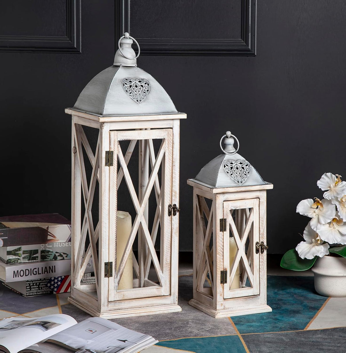 Set of 2 Large Farmhouse Wooden Metal Lanterns, Rustic Decorative Floor Candle Lanterns, Whitewash Distressed Hanging Lanterns for Home Decor (No Glass)