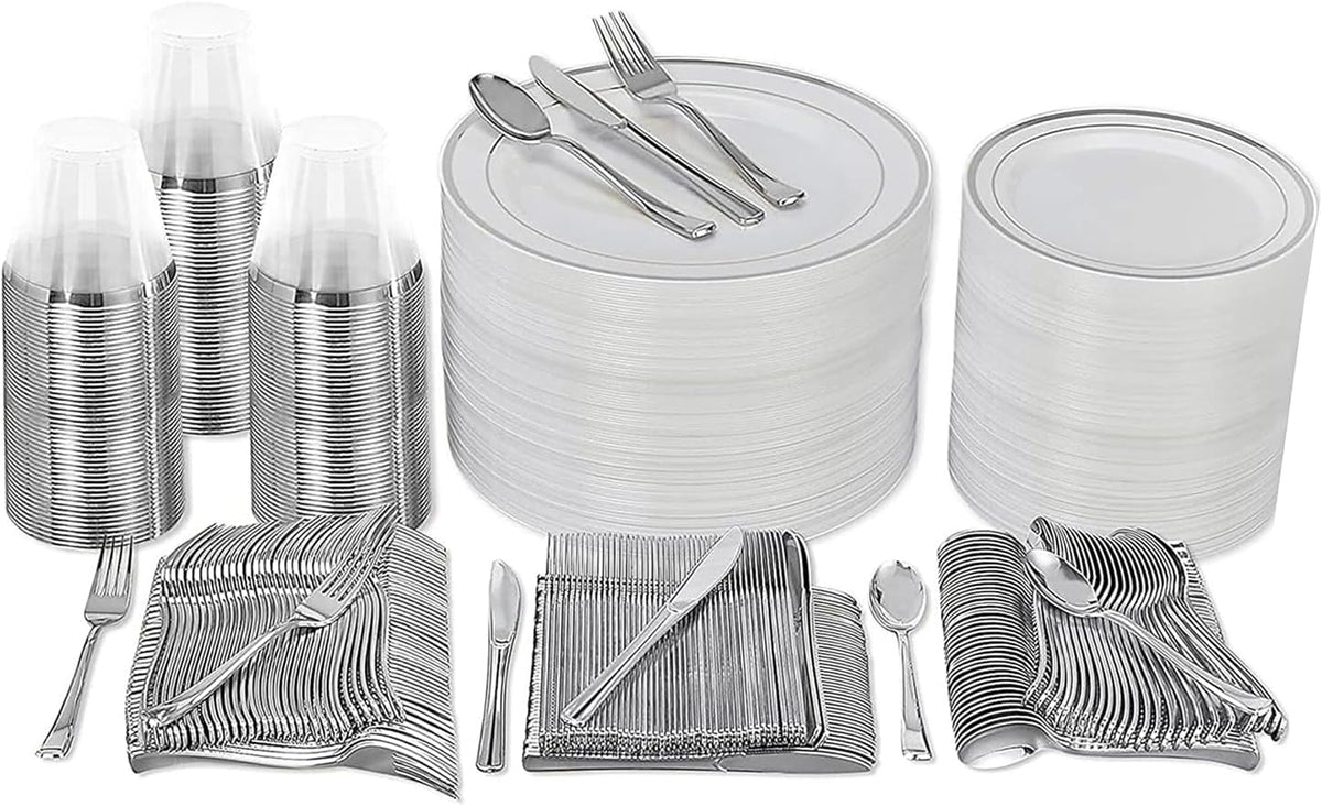 Prestee 600 Piece Dinnerware Set for 100 Guests - Elegant Disposable Silverware and Party Plates for Events - Includes Cutlery Set with 100 Dinner Plates, Salad Plate, Cups, Knives, Forks, and Spoons