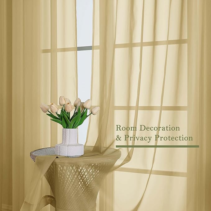 Lecloud Gold Sheer Curtains 96 Inches Long 2 Panels Set, Home Decor Light Filtering Airy Solid Color Drapes, Dual Rod Pocket Living Room Curtains for Bedroom Dining Room, Each Panel 59" W x 96" L