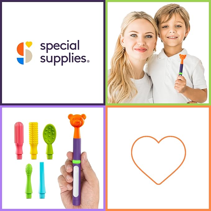 Special Supplies Buzz Buddy Oral Motor Stimulation Kit with 6 Soft Textured Interchangeable Heads, Calm Sensory Needs, Support Speech, and Stimulate Self Feeding, Gentle Vibrations (Purple)