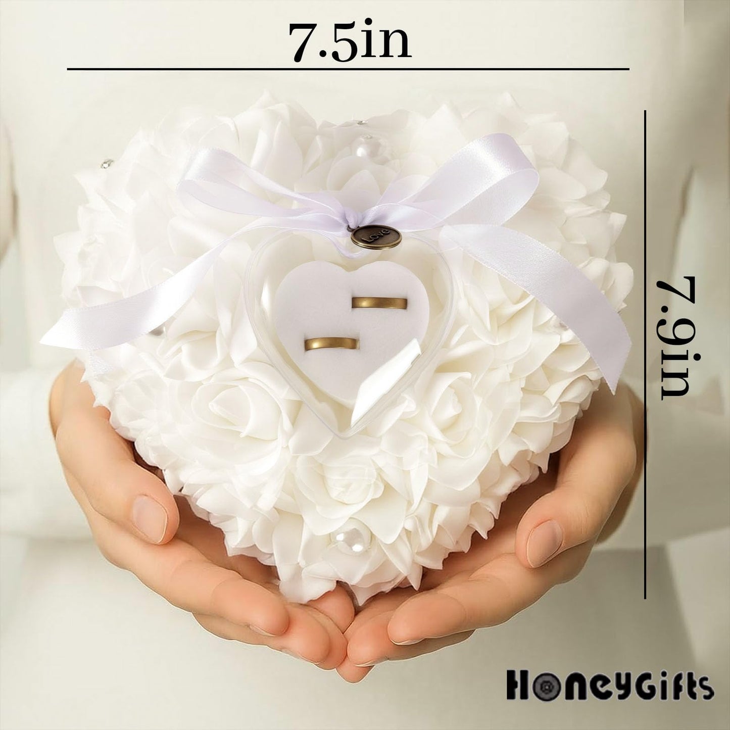 HONEYGIFTS Wedding Ring Pillow, Irovy Ring Bearer Holder Pillows Heart Shape Rose Lace Cushion for Wedding Party Anniversary Ceromony