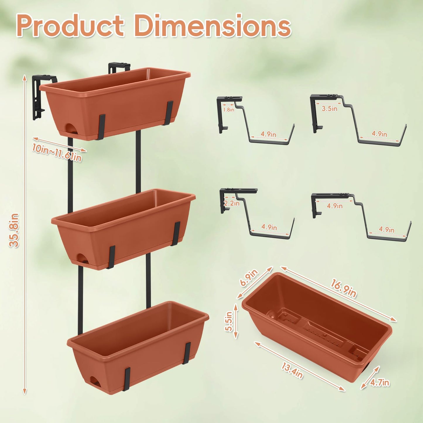 OYEAL Railing Planter Box Window Boxes Planters with Adjustable Brackets Balcony Fence Hanging Flower Planters for Patio, Deck, Porch Railing, Brick Red