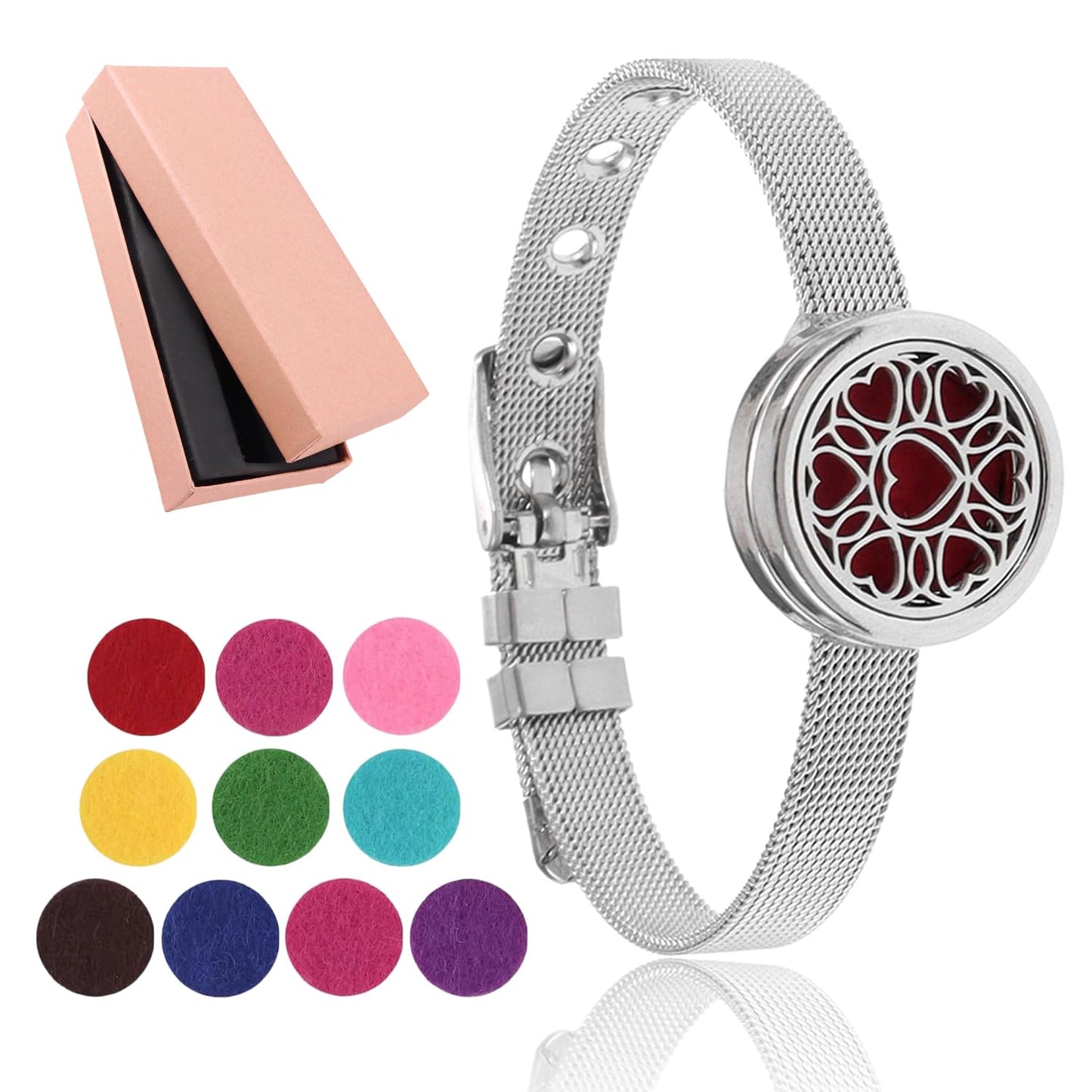 Essential Oil Diffuser Bracelet with Gift Box Aromatherapy Locket Adjustable Stainless Steel Heart Watch Chain Bracelet with 10 Pcs Refill Pads for Women