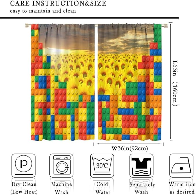 Colorful Building Blocks Sunflower Flower 3D Toy Printed Curtains, Building Blocks, Floral Sunflower Curtains, Interesting Brick 3D Design, Boys and Girls Room Curtain Panels, 2 Panels 72x63in