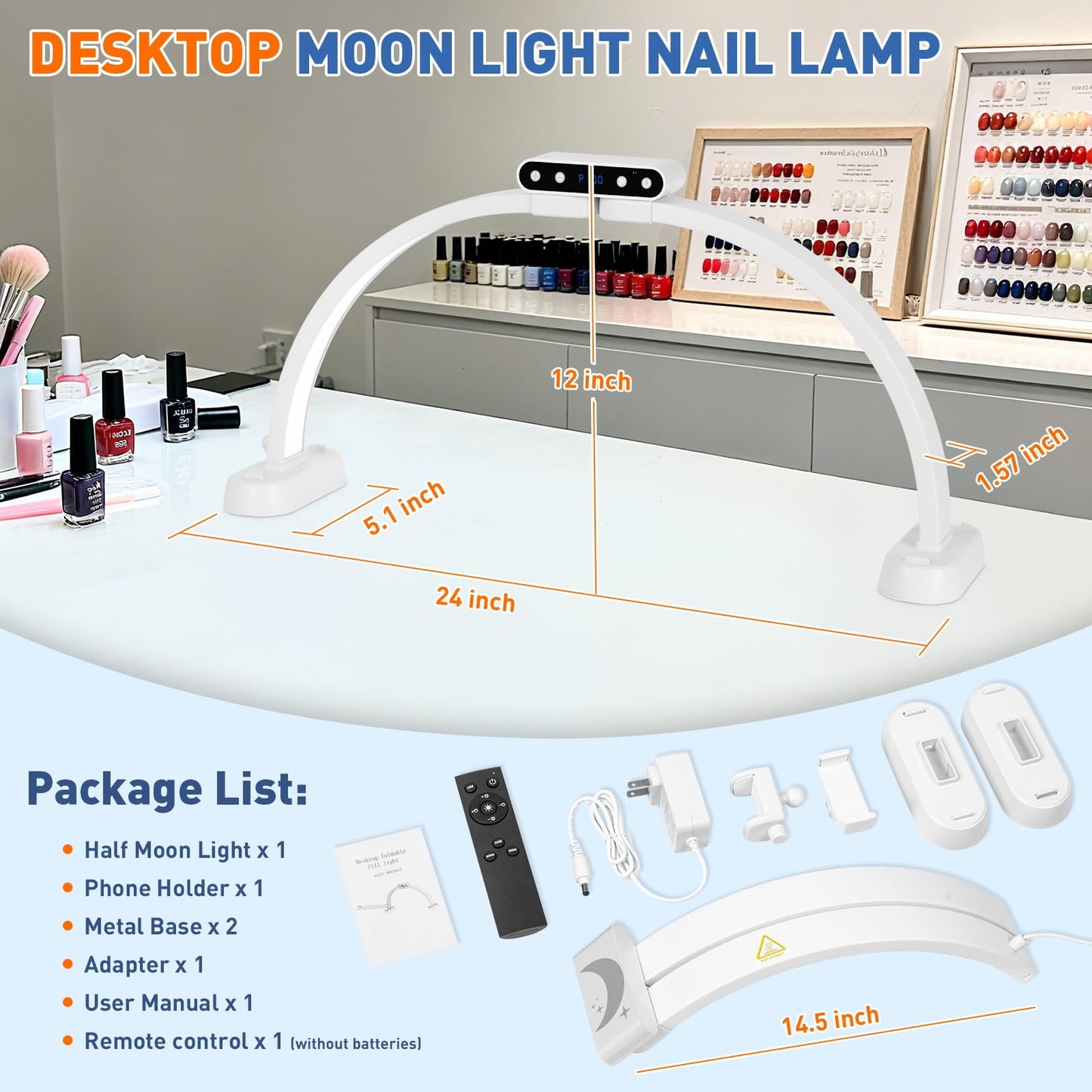 KIRKAS 24inch Large Half Moon Light for Nail Tech, 456 LEDs 3 Color Modes Infinitely Knob Arch Nail Light with Screen and Phone Holder Charging Function, Foldable Lighted Lamp for Manicure,Craft-White