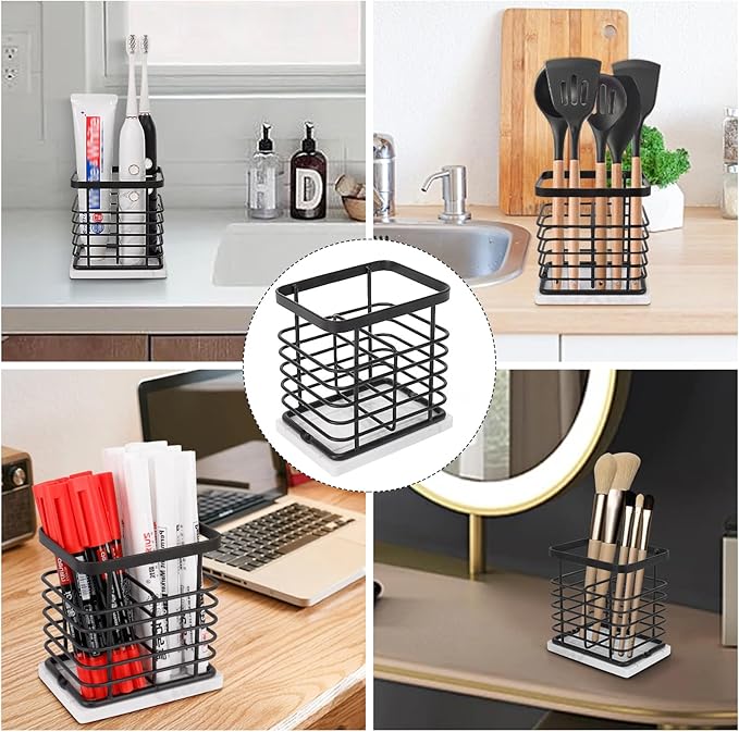 HarJue Toothbrush Holder, Luxurious Metal Toothbrush Toothpaste Holder with Marble Base for Bathroom, Multi-Slots Openwork Design, Bathroom Accessory for Storage and Organizer (Small, Matte Black)