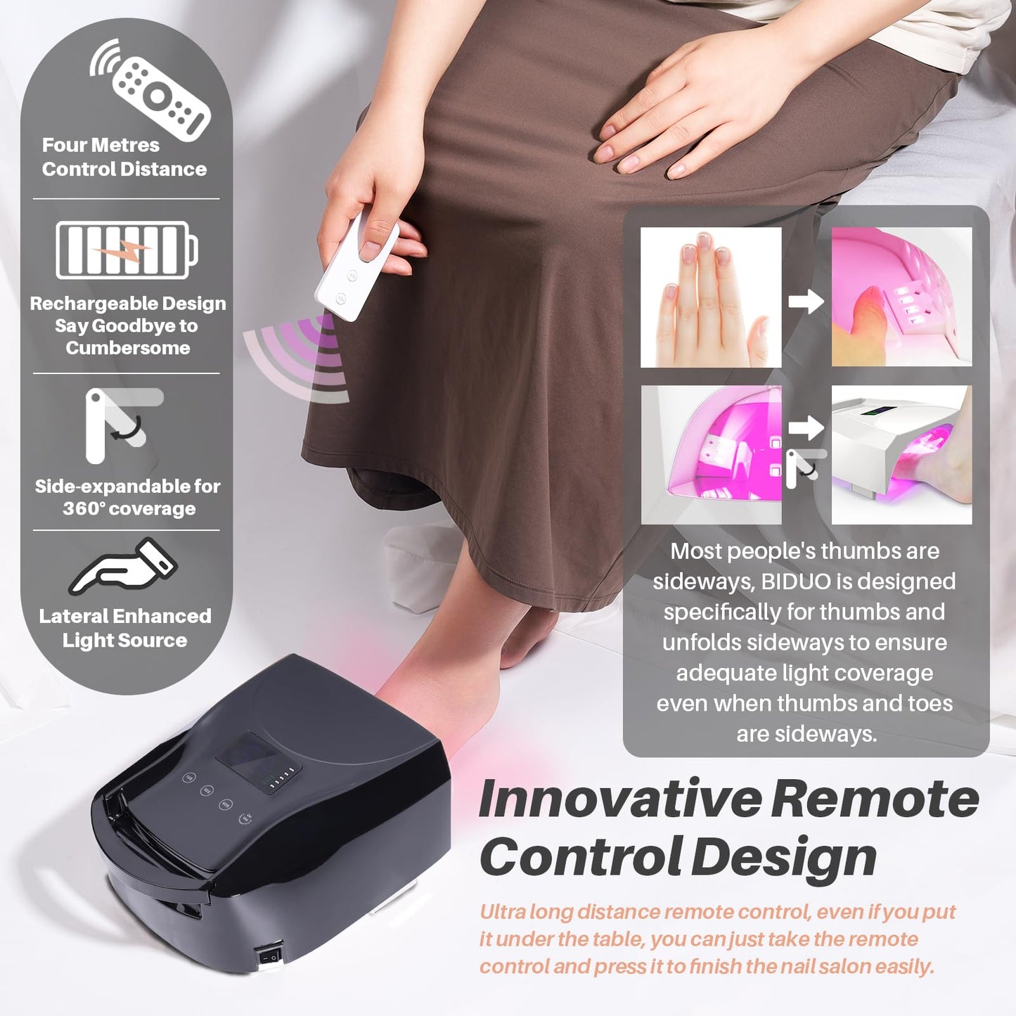 BIDUO 52 LEDs Cordless UV Nail Lamp, 96W High Power, Magnetic Mirror Base,Thumb Light,4 Timers, Auto Sensor, Key Sound, Built-in Cooling Fan,Remote Control Professional UV Light for Gel Nails(Black)