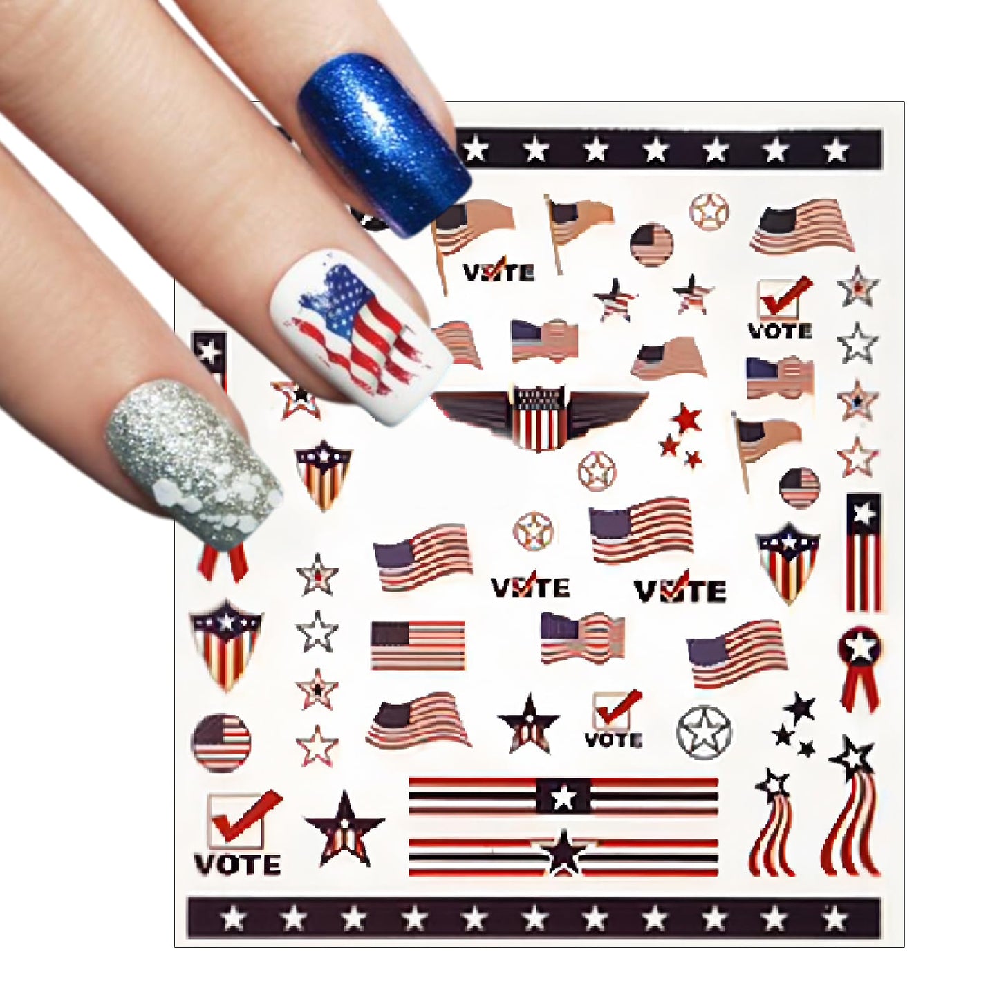 5 Sheets Independence Day Embossed Nail Art Stickers Self-Adhesive July 4th American Flag Eagle Fireworks Balloon Design Statue of Liberty Women's Nail Decoration