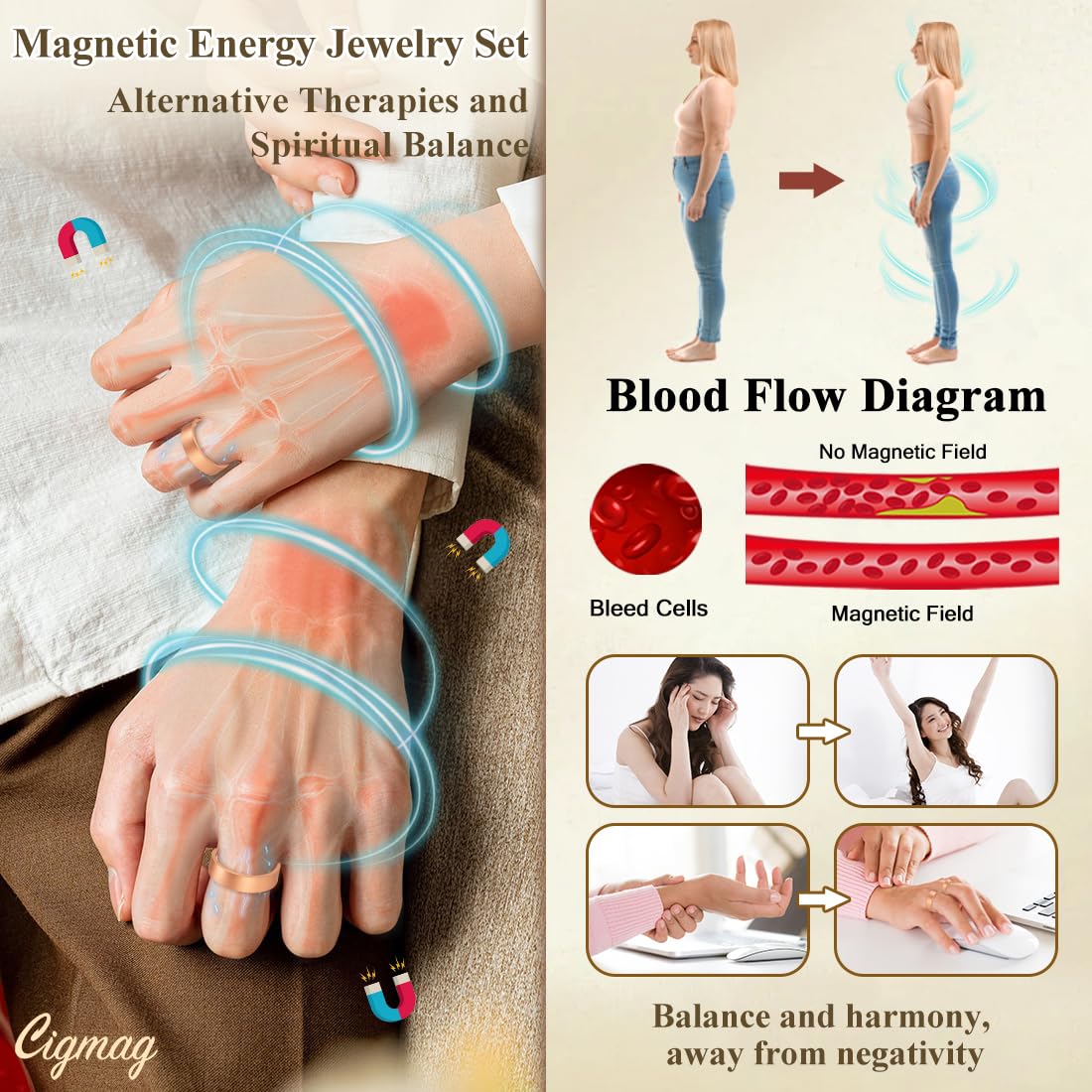 Cigmag 9X Copper Rings for Women Men, with Powerful Magnets, Adjustable Solid Pure Copper (Matte)