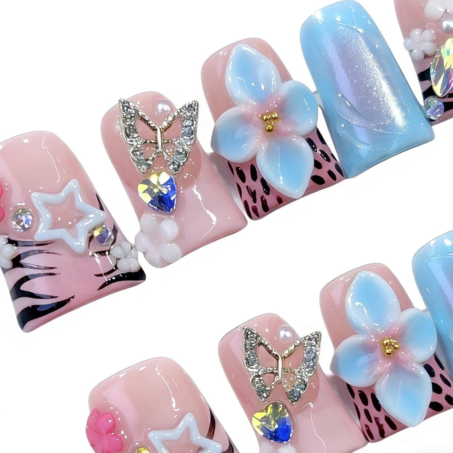 Medium Duck Press on Nails Handmade Nails Nude Pink False Nails with Luxury Rhinestone 5D Flower Art Design Thick False Nails Muti-Layer Gel Handmade Nail for Women (Size S)