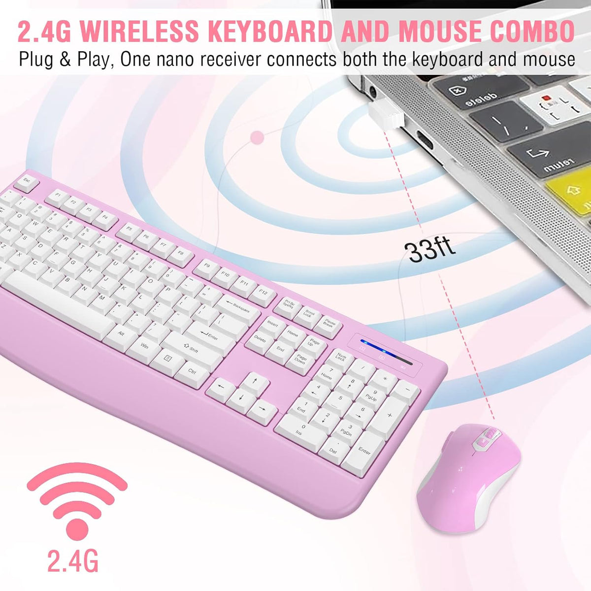 Wireless Keyboard and Mouse Combo, EDJO 2.4G Full-Sized Ergonomic Computer Keyboard with Wrist Rest and 3 Level DPI Adjustable Wireless Mouse for Windows, Mac OS Desktop/Laptop/PC(White Pink)