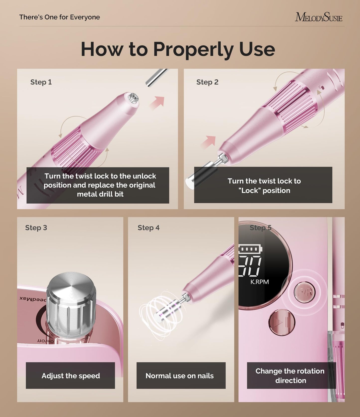 MelodySusie Entry-Level Clip-On Rechargeable Nail Drill, SC320F 30000RPM E-File with Pastel & Colorful Design for Manicure Shaping & Gel Removal, Ideal for Training, Nail Art Practice & Home Use
