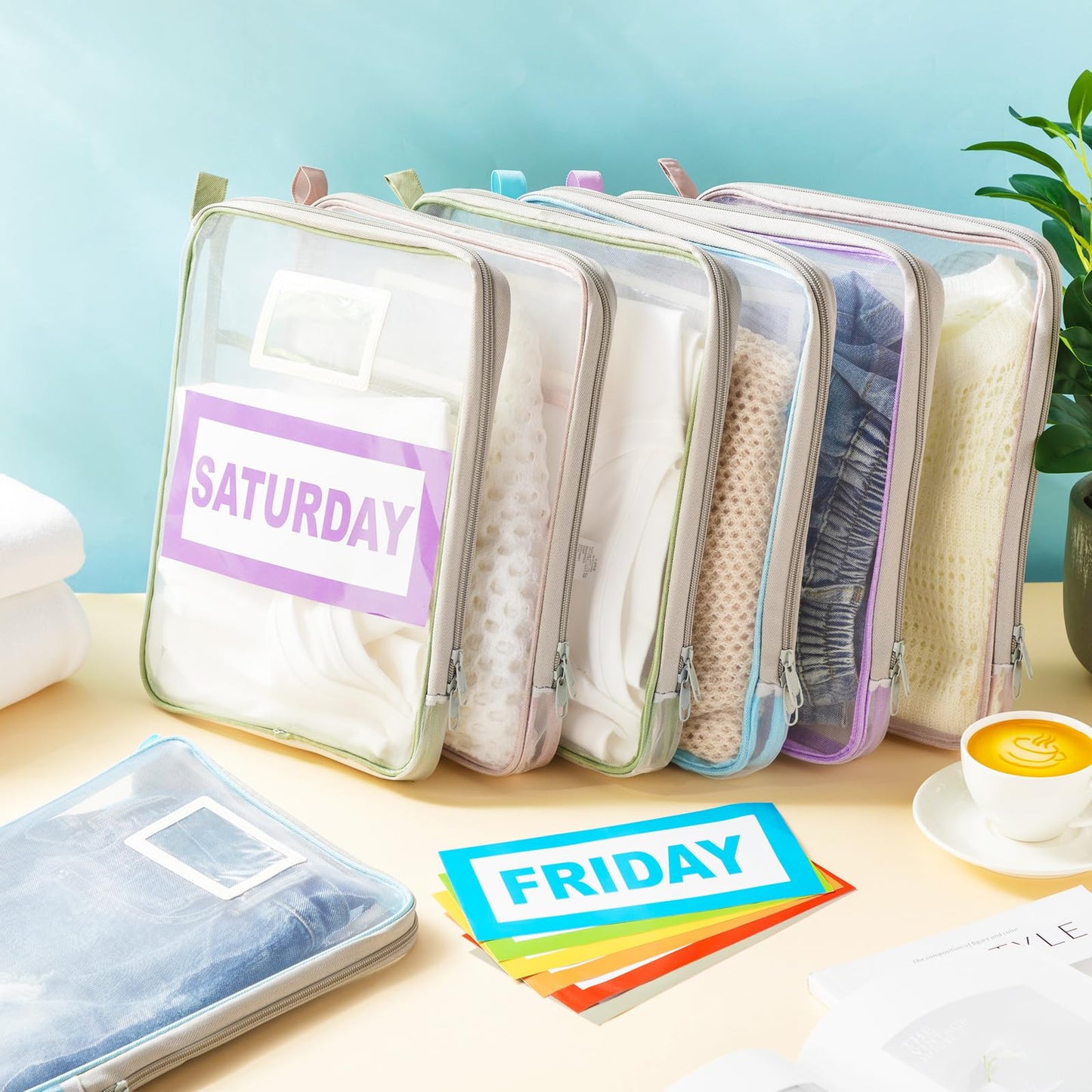 Honoson 14 Pack Packing Cubes for Travel Days of Week Packing Cubes with Labels Clear Zippered Storage Bag for Travel Summer Camp Essentials