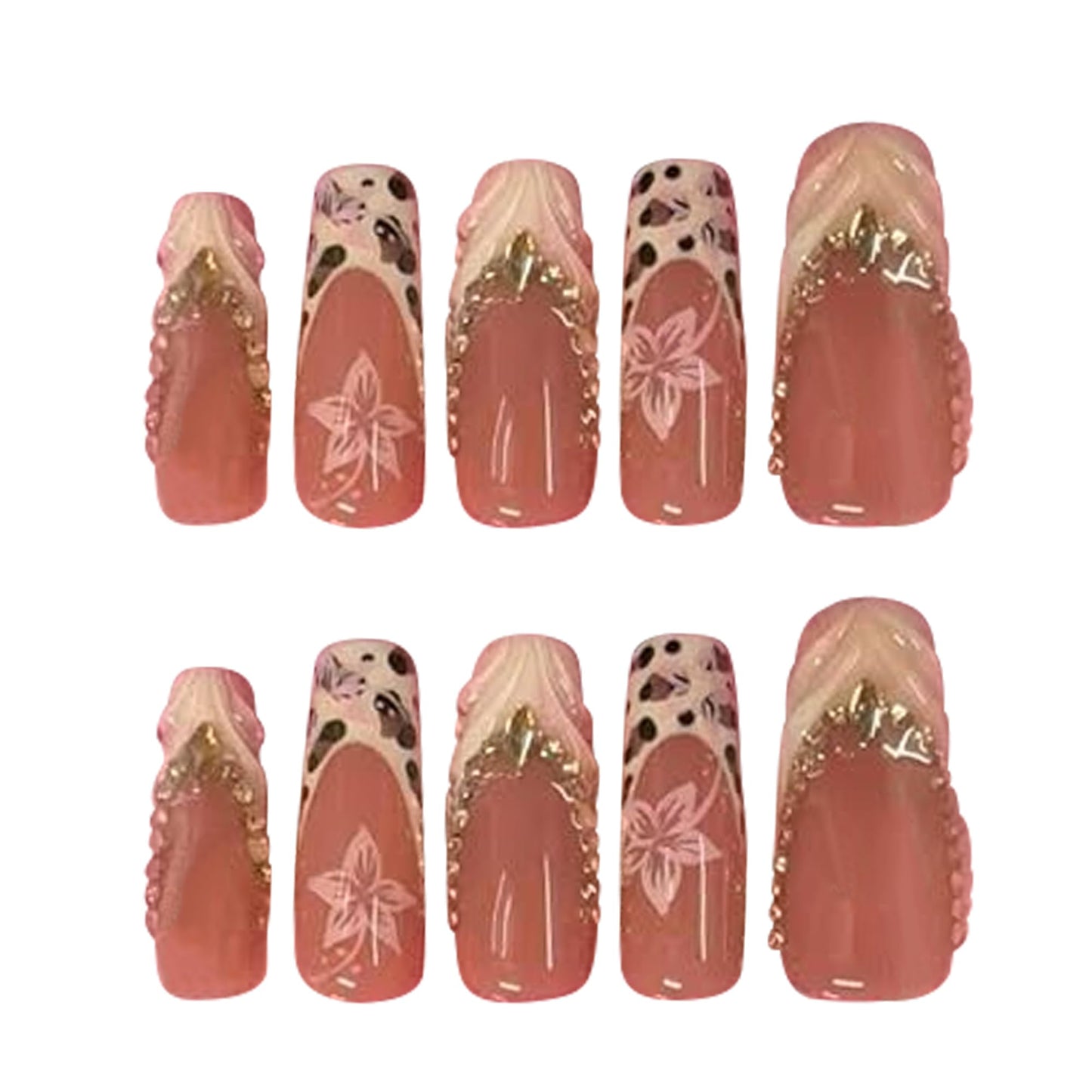 Pinklicious Handmade Pink French Tip Press On Nails, Long Reusable False Nails with Glitter Accent, Floral & Leopard Print Decorative Fake Nails for Women (L)