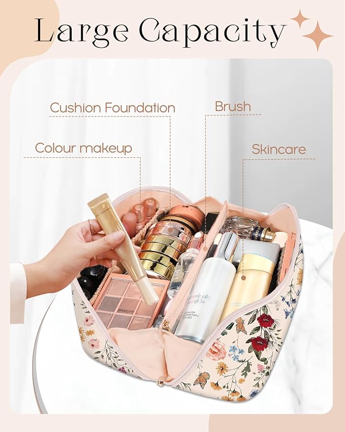 Bistup Makeup Bag Travel Cosmetic Bag Toiletry Make Up Bags Cute Women Large Capacity Big Medium Leather Flower Floral Aesthetic Girl Teen Teenage Foldable Expandable Open Flat Zip