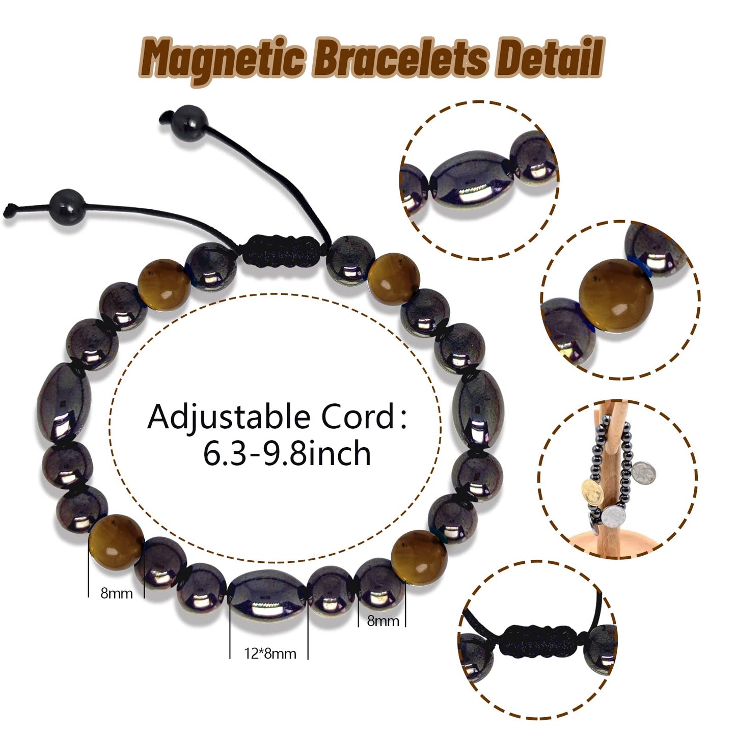 Hion 2 Pack Magnetic Therapy Anklet Bracelet Plus 1 Pack Magnetic Bracelet for Women/Men Anxiety Relief,Strengthen Immunity Hematite Tiger Eye Gemstone Anklet Bracelet Set