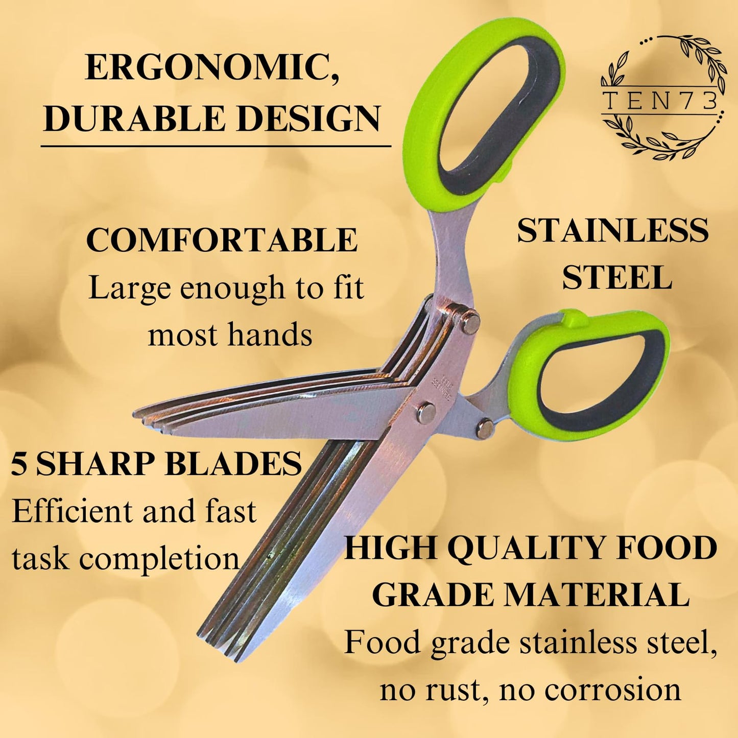 TEN73 2-in-1 5-Blade Herb Scissors & Herb Stripper Set | 10-Hole Leaf stripper Stem Remover + Stainless Steel Herb Shears with Safety Cover & Cleaning Comb | Dishwasher Safe Kitchen Tool for all Herbs