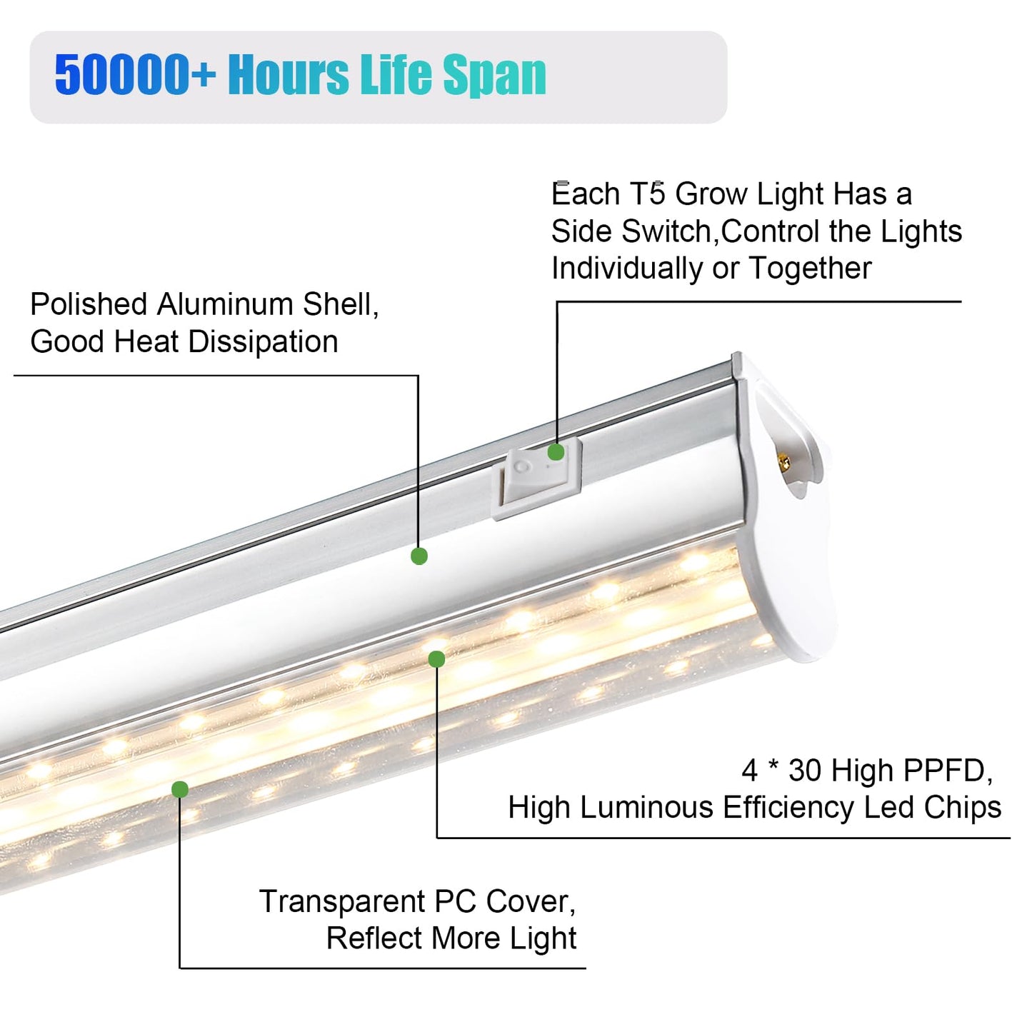 Hywyimlait 1FT Indoor Plant Grow Light, Full Spectrum Sunlight, T5 Grow Lamp with Side Switch, LED Growth Light Bulb, Plug and Play, Easy Installation, Suitable for Greenhouse Seedlings, 4 Pack