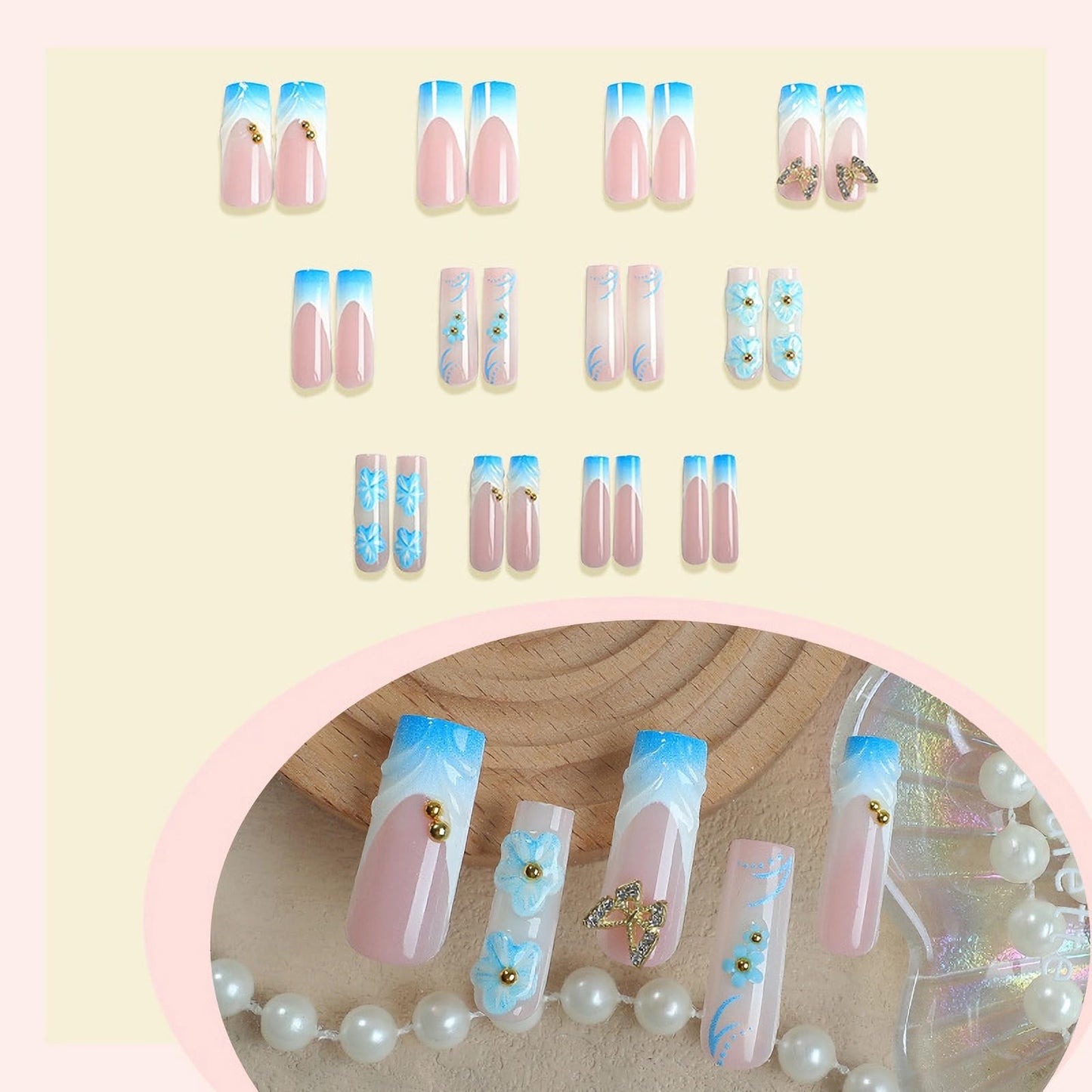 MISUD Press on Nails - Long Square Glue on Nails with Summer Blue, Acrylic Flower Butterfly Design 24 pcs