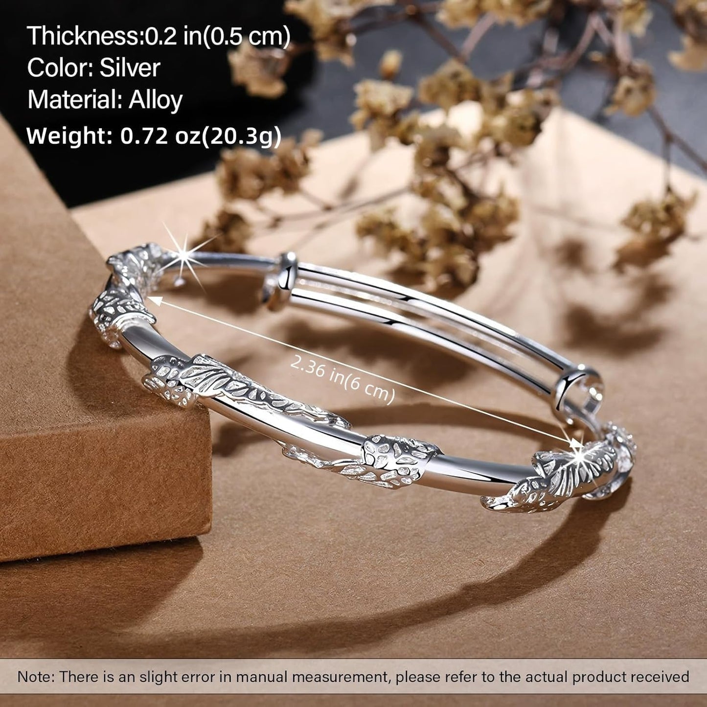 Solid 925 Sterling Silver Bracelet for Women Minimalist Adjustable Cuff Bangles Fashion Stackable Handmade Floral Engrave Bracelets Trendy Boho Cuff Bracelet Jewelry Gift for Birthday Women's Day