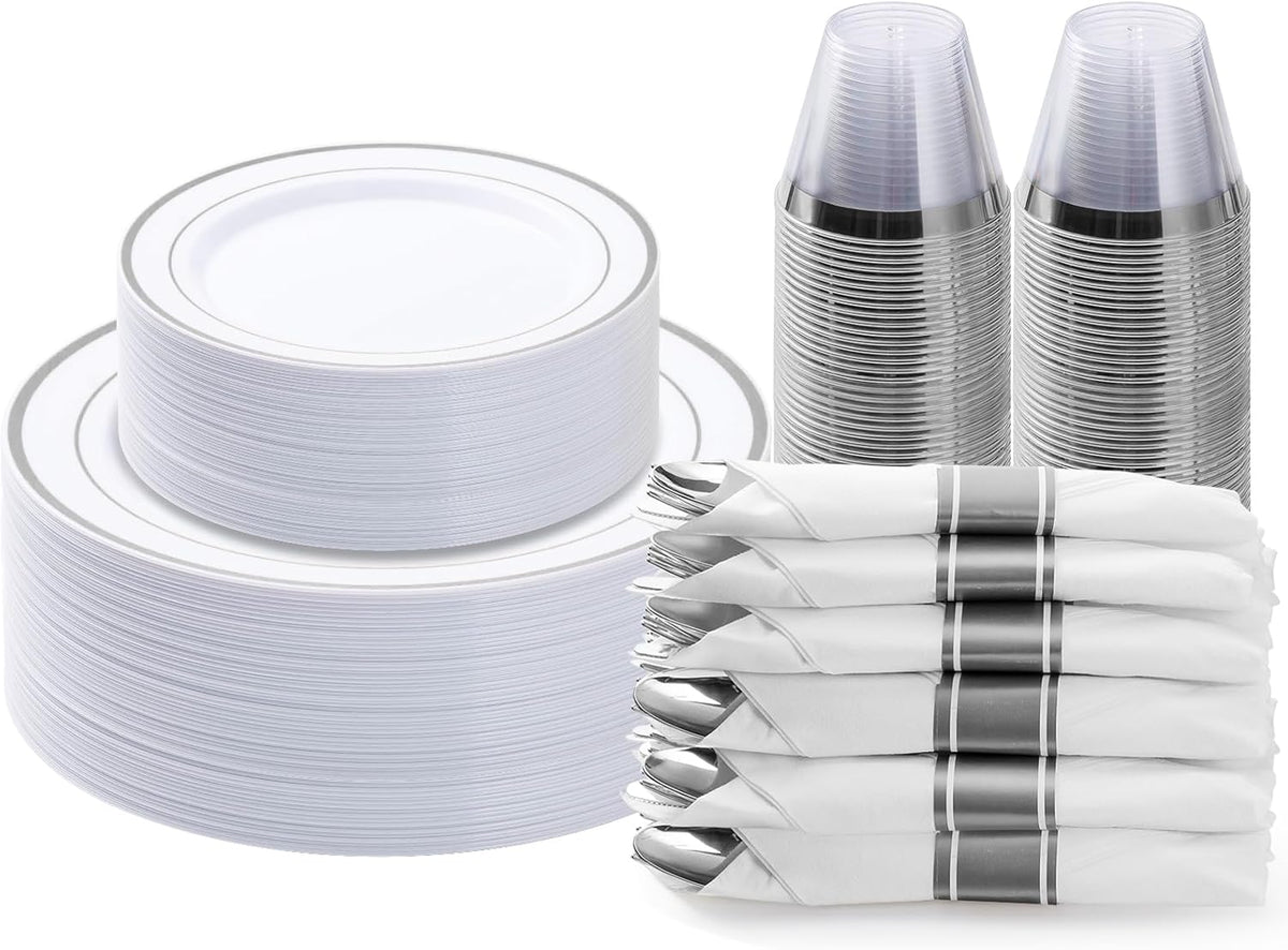 BESTVIP 175PCS Silver Plastic Dinnerware Set, Disposable Party Plates for 25 Guests, Include: 50 Plastic Plates, 25 Pre Rolled Napkins with Silver Silverware, 25 Cups for Christmas, Halloween