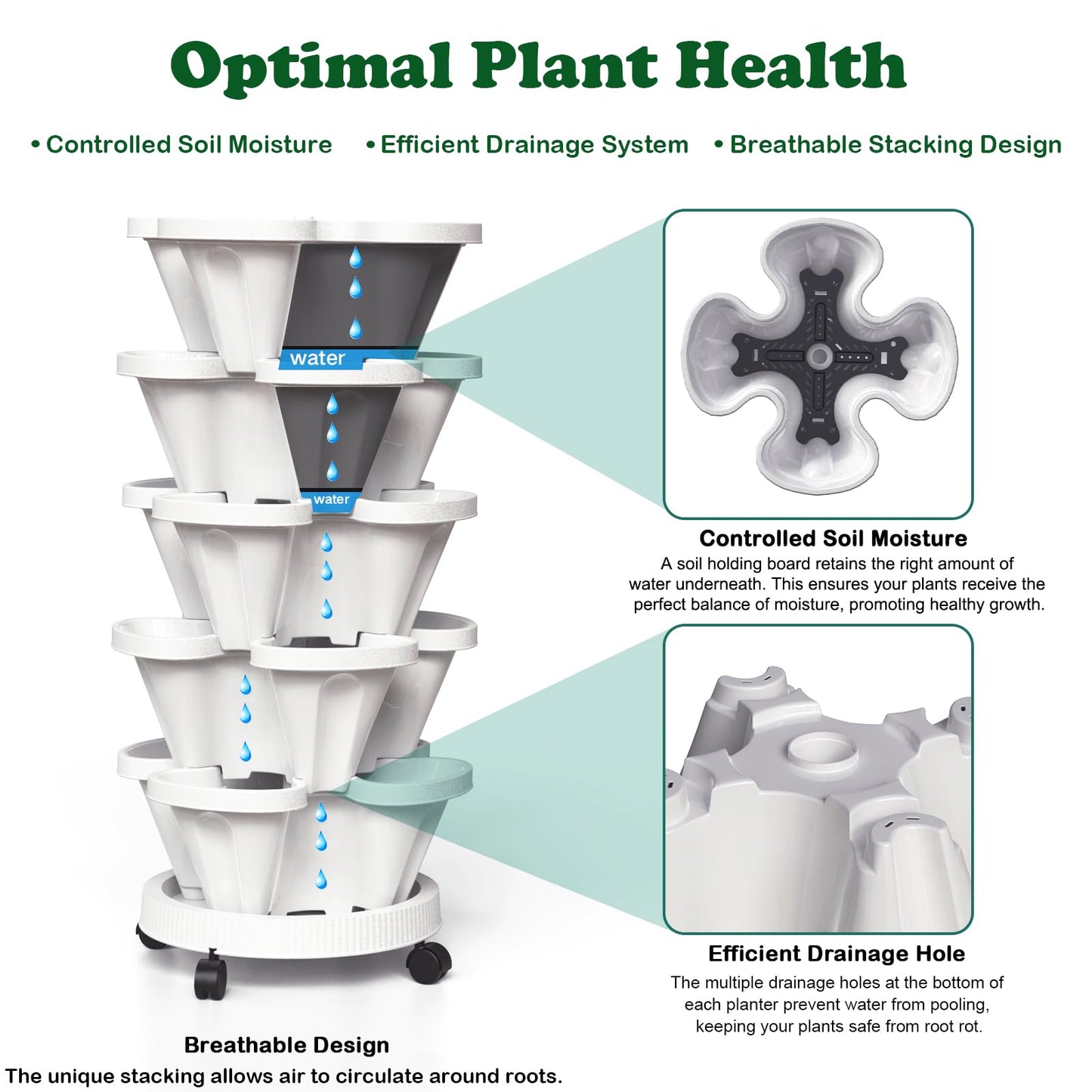 Lykvrii Strawberry Planters, 3 Tiered Vertical Stackable Planter, Herb Stacking Tower Garden, Flower Vegetable Planters with Support Pole, Indoor & Outdoor with Removable Wheels - Dark Grey