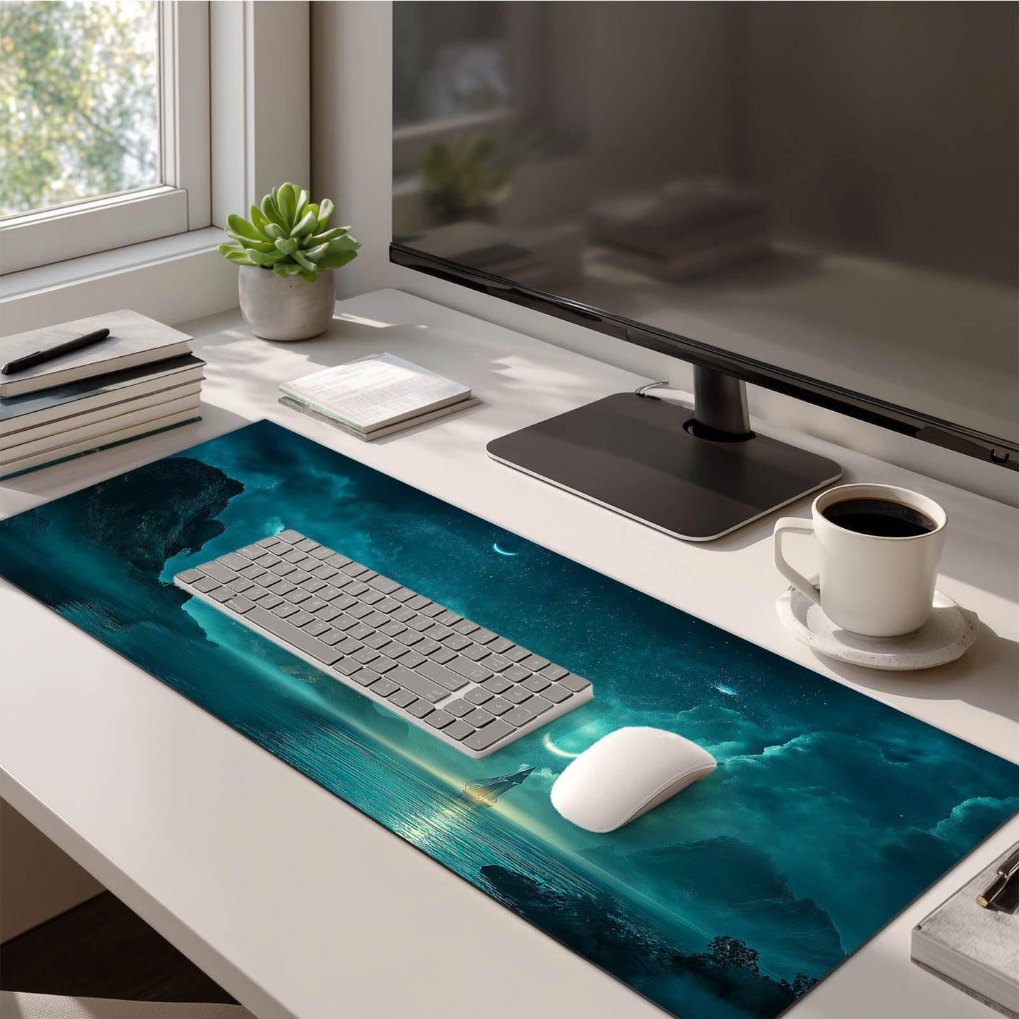 HOMETITUTE Large Mouse Pad 31.5x11.8 Inch Gaming Mousepad Teal Moon Night Seascape Art Non-Slip Keyboard Desktop Protector Mat XL Mouse Pad for Home Office Laptop Wireless Mice Accessories