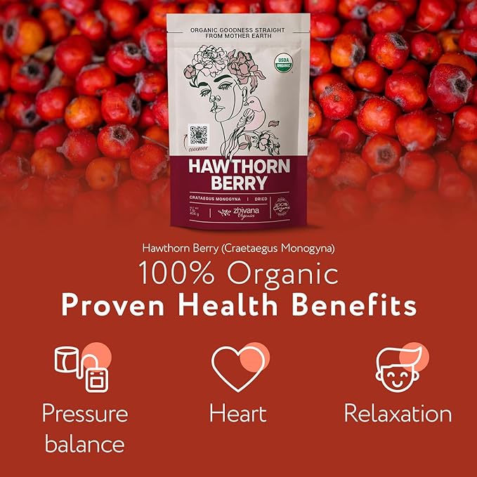 Organic Hawthorn Berry Tea (16 oz.) - Hawthorn Tea, Hawthorne Berries - High Blood Pressure, Heart Health Support, Relaxation