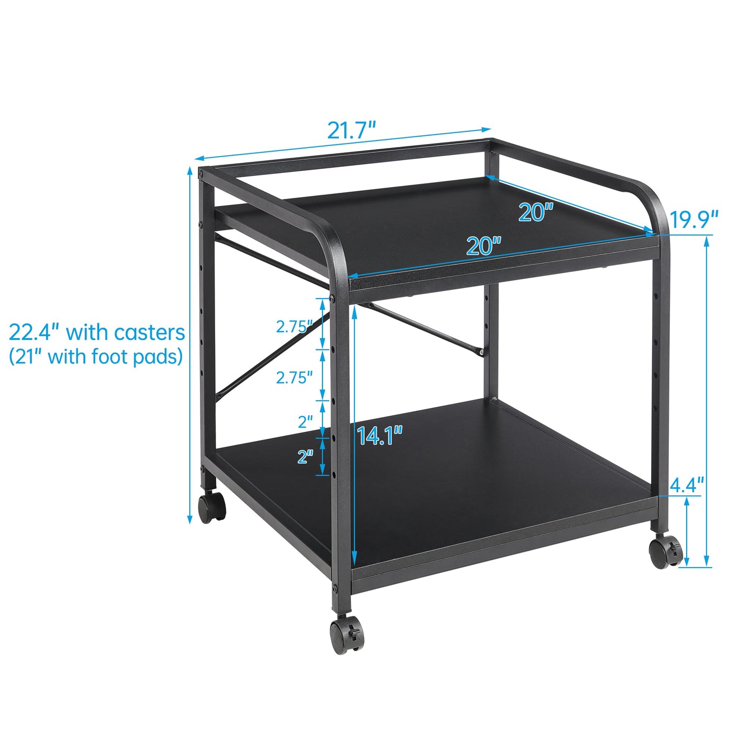 Fannova 2 Tier Under Desk Printer Stand with Storage, 20 Inches Deep Large Printer Table with Height Adjustable Shelf, Rolling Printer Cart with Wheels for Home Office - Black
